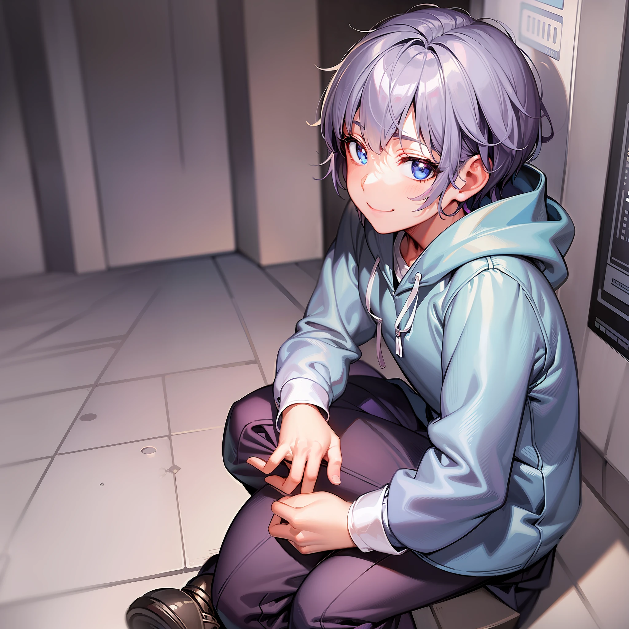 ((Masterpiece)), (Best Quality)), (Super Detailed), ((Cute)), Cute, (Lovely), Anime Style, School, ((Boy)), Solo, Gray hoodie, Blazer Uniform, Beautiful purple hair, Beautiful blue eyes, ((Beautiful eyes)), (((Bowlcut)), Smile