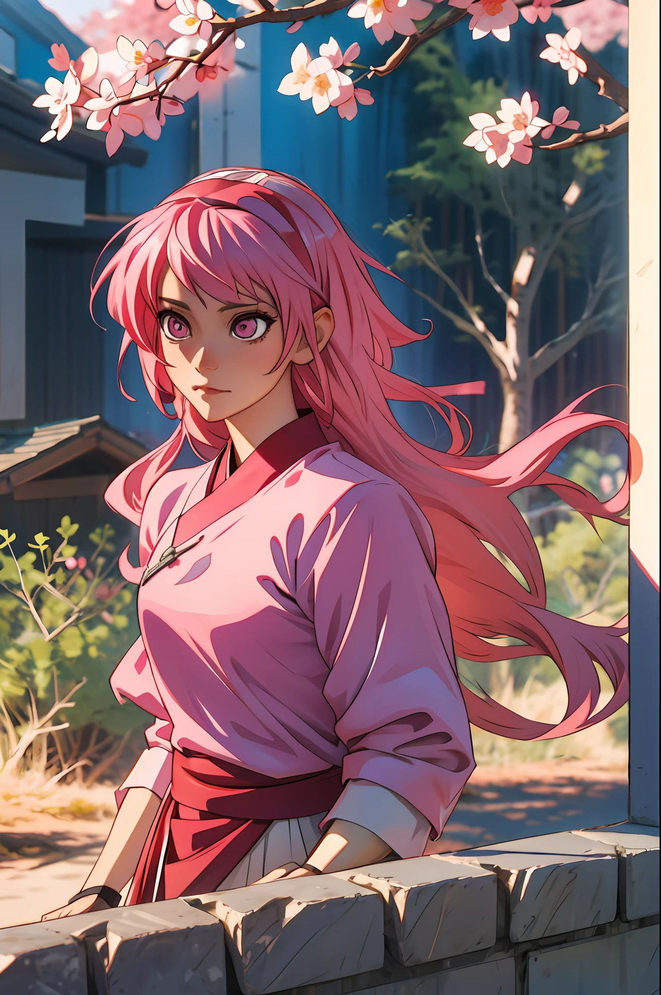 Gasai Yuno, pink hair, pink eyes, sakura forest, Kanao Tsuyuri dress