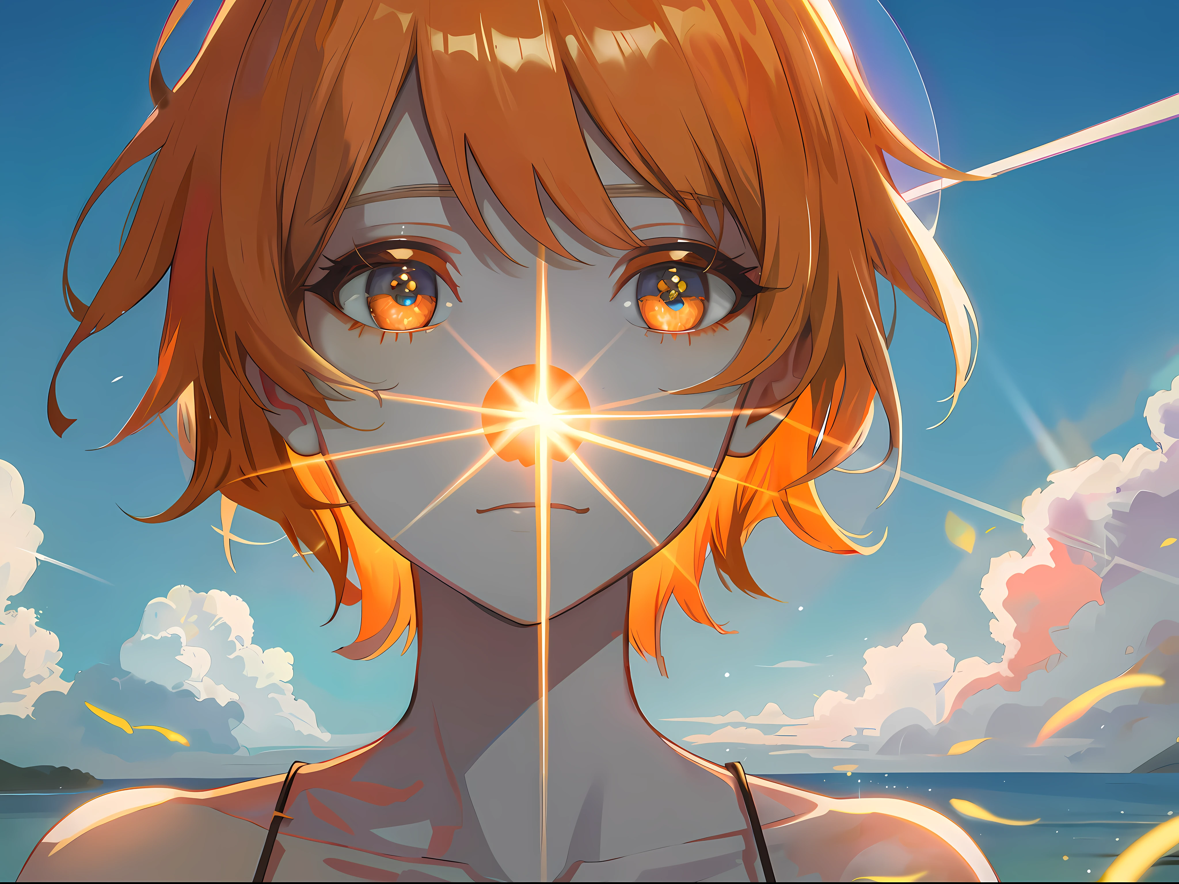 1 man, solo, very handsome, short hair, (gray hair: 1.1 , orange striped hair: 0.9), blonde eyes, delicate eyes, very specific pupils, depression, lens flare, (masterpiece: 2), (highest quality: 1.3), best quality, high resolution, anime, luminescence, 8K, super detail, anatomically correct, masterpiece, textured skin, CG, illustration, overexposure, beautiful detail sky, beautiful detail water, beautiful detail eyes, lens glare, caustic, Expressionless