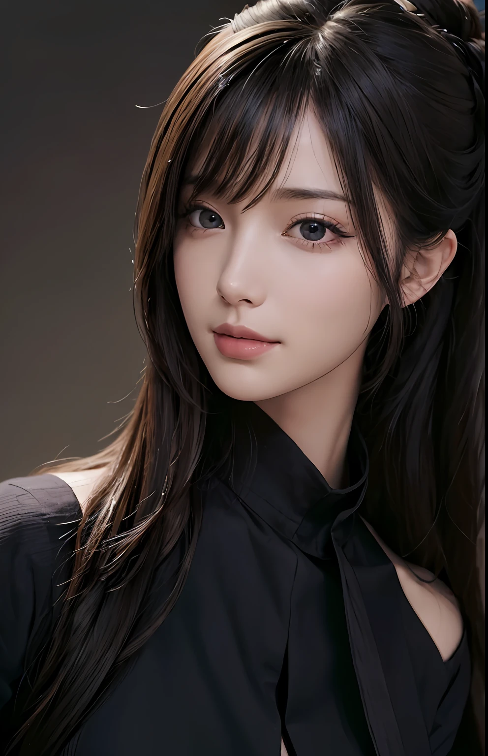 (Ultra Realistic), (Illustration), (Increased Resolution), (8K), (Extremely Detailed), (Best Illustration), (Beautiful and Detailed Eyes), (Best Quality), (Ultra Detailed), (Masterpiece ), ( wallpaper), (detailed face), solo, 1 girl, looking at viewer, fine details, detailed face, in the dark, deep shadows, low key, pureerosfaceace_v1, smiling, long hair, black shawl straight hair , 46 points oblique bangs