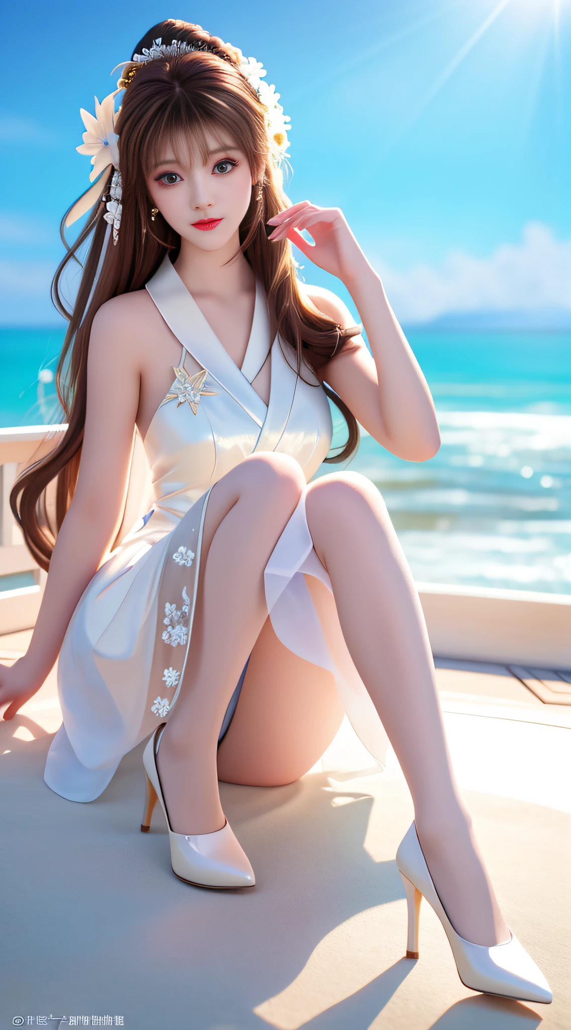 Top quality, masterpiece, high resolution, hands and legs are anatomically correct, one girl, white dress, shiny light gray pantyhose, one girl, full body, cute Japan woman, beautiful face, height 165cm, bangs, brown hair, white high heels, tropical seaside background, sunlight, beautiful woman, beautiful eyes, very cute, black eyes, center image, octopodate, 8k resolution, human hands, elegant, smooth, Facing the viewer, shot in real natural light, beautiful hairstyle, beautiful face, anatomically correct drawing, volumetric lighting, tyndall effect, photorealistic, soft lighting