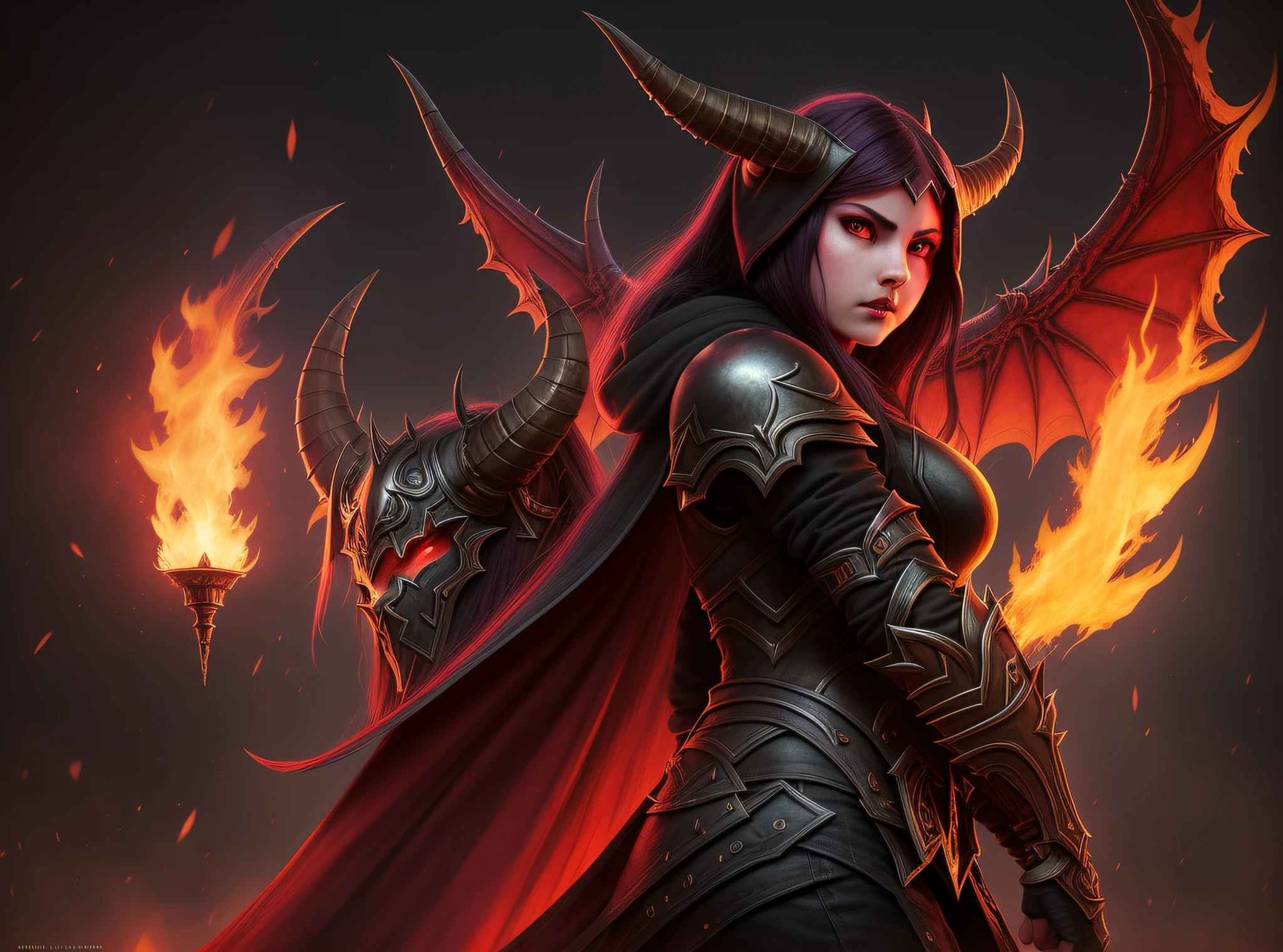 DEMON HUNTER, WOW, BLIZZARd, BLIZZARD entertaintment, WARCRAFT, WORLD OF WARCRAFT, ILLIDAN, ILLIDAN STORMRAGE, Warglaive of Azzinoth, Warglaive, Warglaives, FEL, EYE BEAM, BRIGHTWING EYES, RED eyes, red theme, horned_helmet, horns glowing_weapon long_hair, teeth bat_wings, claws, colored_skin, demon_girl, demon_horns, demon_tail, demon_wings, dragon_wings, bright, red_theme, horns, tail, tattoo, wings, hdr, vignette, centered, hyperrealism, hyperrealistic, realistic, realism, 1girl, black hoodie, angry expression, boob, bimbo, girl, woman, colorful, art by Artgerm and Greg Rutkowski and Alphonse much, Wide Angel Shot, Nikon 14 mm, portrait, fire, scars, scar, (((1girl))), (((1 girl))), SOLO FOCUS, SOLO, FOCUS, dripping blood