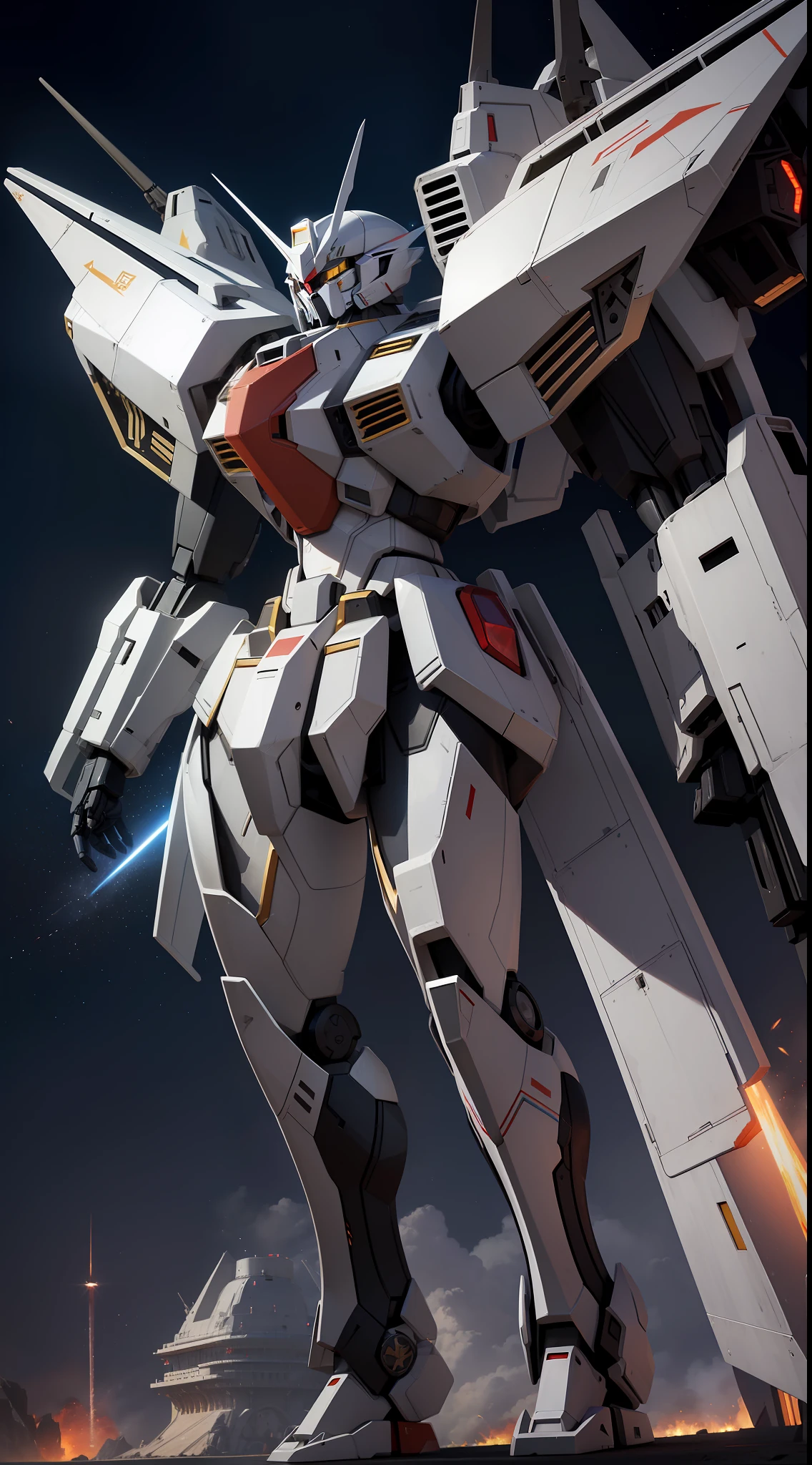 Surrealism, Ray Tracing, Photorealistic, UHD, High Detail, 32k, Best Quality, Textured Skin, Gundam Mecha, Flight, Funnel, Mecha Ship, Masterpiece, Best Quality, Mecha, Unmanned, (Full Body), (Black Mecha: 1.8), (Axisymmetric: 1.4), (HDR), (Movie Light: 1.1), White Eyes, Cool, Science Fiction, Fire, Universe, oversized shield, mecha man overlooking the background of the earth, with laser cannon beams, wars, conflicts, weapons in hand (has a huge weapon: 1.5),