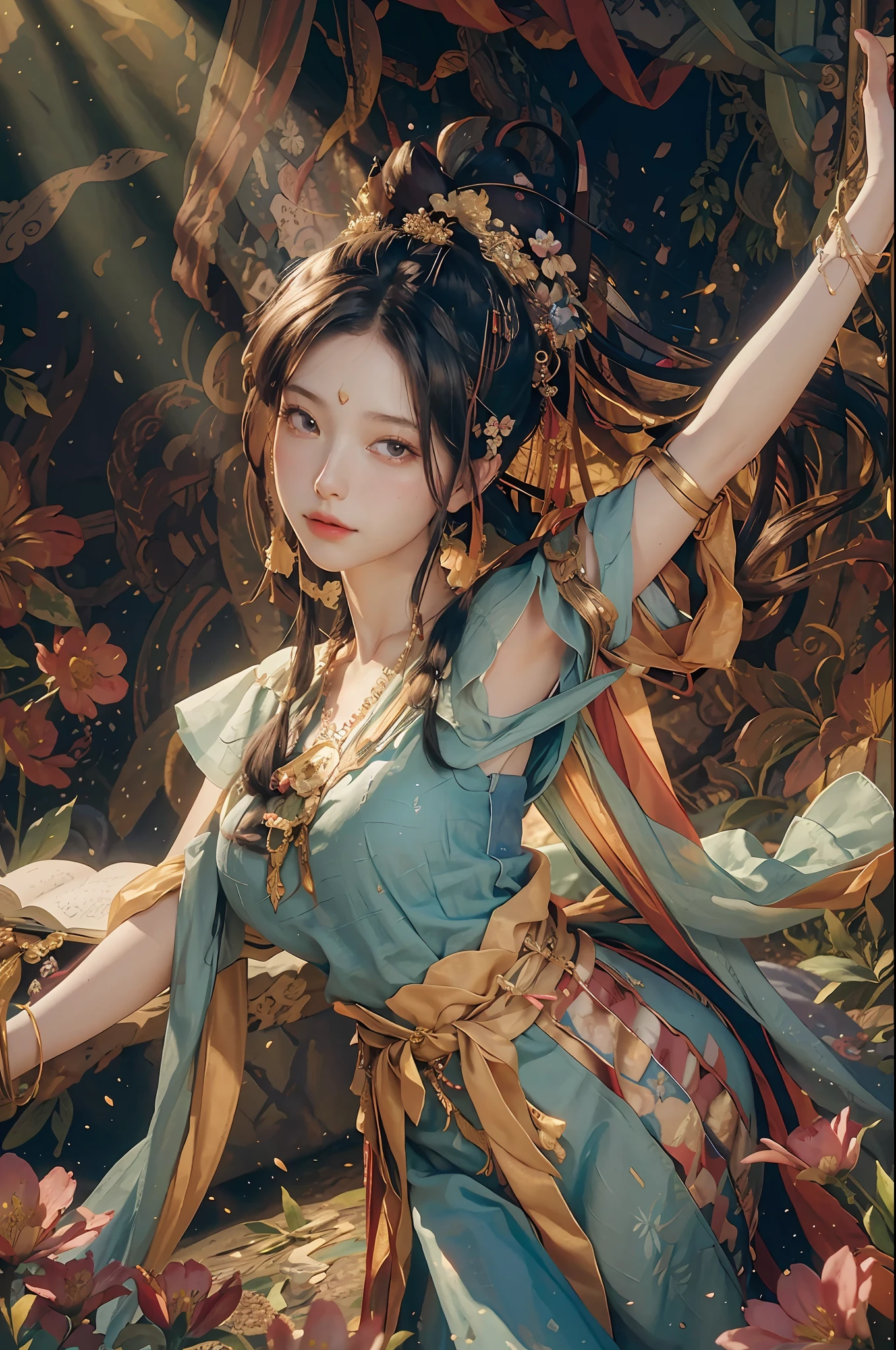 (RAW photo, best quality), (realistic, photorealistic: 1.3), best quality, high detail, masterpiece, ultra-detailed, illustration, painting of a European woman lying in a field of flowers, grapes, the scene where she is in Rivendell, inspired by Felice Casorati, with an open book, decaying dappled sunlight, listing the image, she is the center of the garden, a dynamic angle, a theater of world masterpieces, messy_long_hair, the best quality, extremely detailed CG unity 8k wallpapers, ink, amazing, cinematic lighting, lens_flare, dunhuang_style