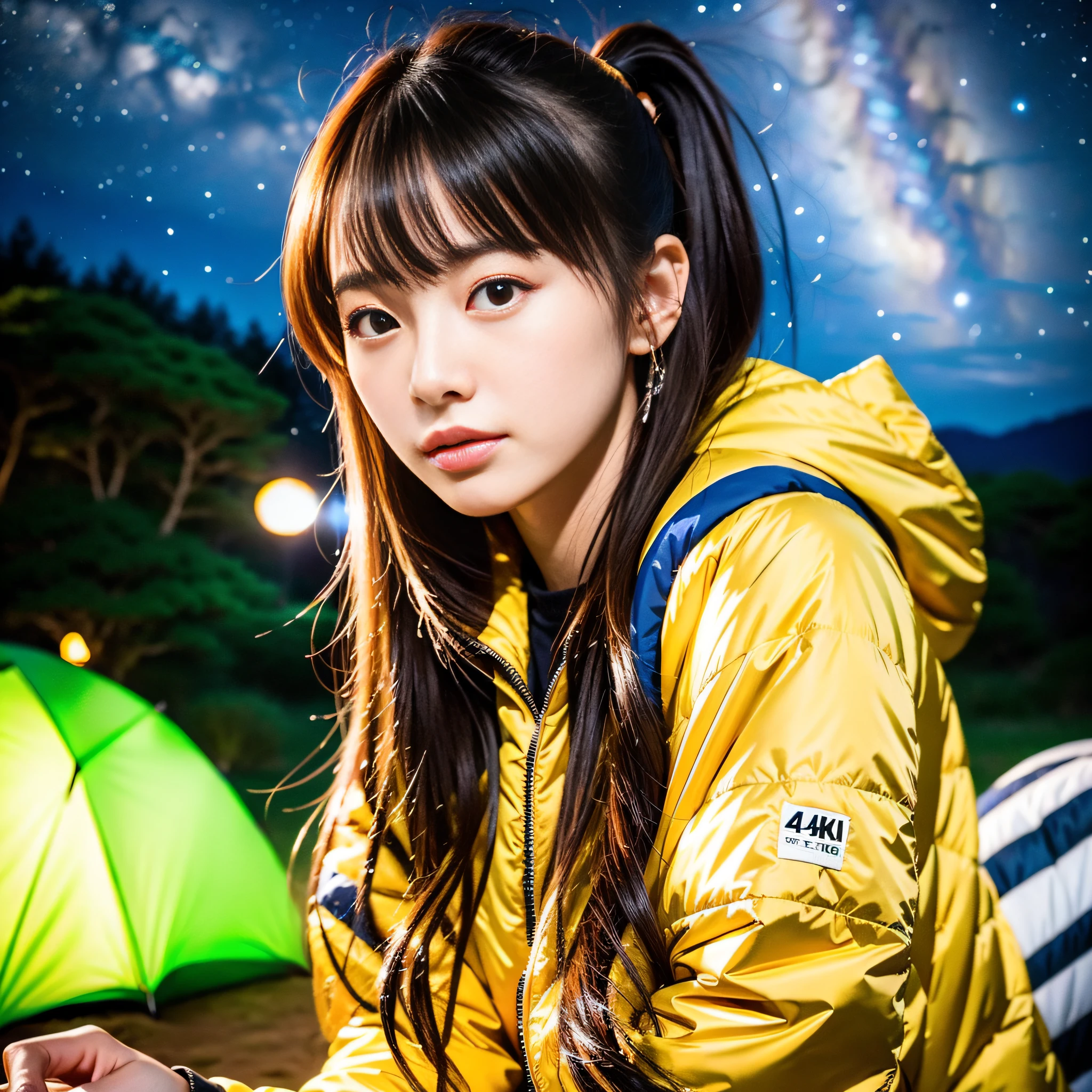 (4K, High Definition, Masterpiece: 1.2, Best Quality), 20 Years Old Lovely Japan Woman, Sharp Focus, Camping, Outdoor, Dynamic Angle, Night, Milky Way, Outdoor Jacket