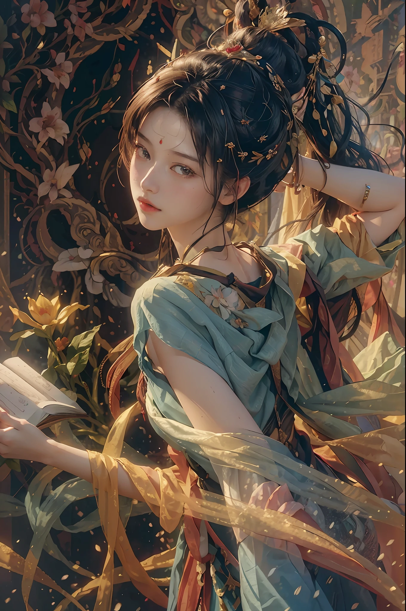 (RAW photo, best quality), (realistic, photorealistic: 1.3), best quality, high detail, masterpiece, ultra-detailed, illustration, painting of a European woman lying in a field of flowers, grapes, the scene where she is in Rivendell, inspired by Felice Casorati, with an open book, decaying dappled sunlight, listing the image, she is the center of the garden, a dynamic angle, a theater of world masterpieces, messy_long_hair, the best quality,  extremely detailed CG unity 8k wallpapers, ink, amazing, cinematic lighting, lens_flare, dunhuang_style