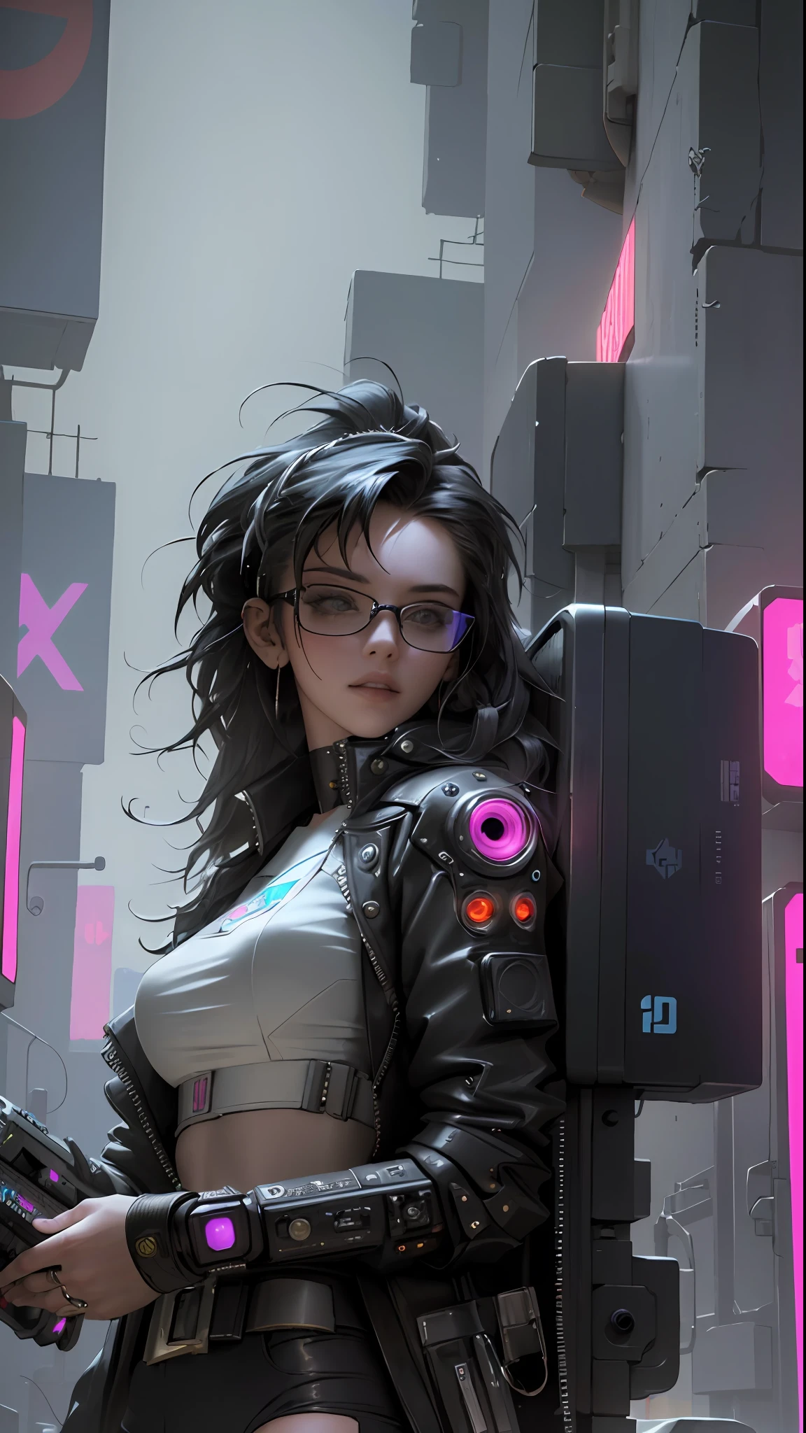 ((Best quality)), ((masterpiece)), (highly detailed:1.3), 3D, beautiful (cyberpunk:1.3) hacker woman with thick voluminous hair operating a computer terminal