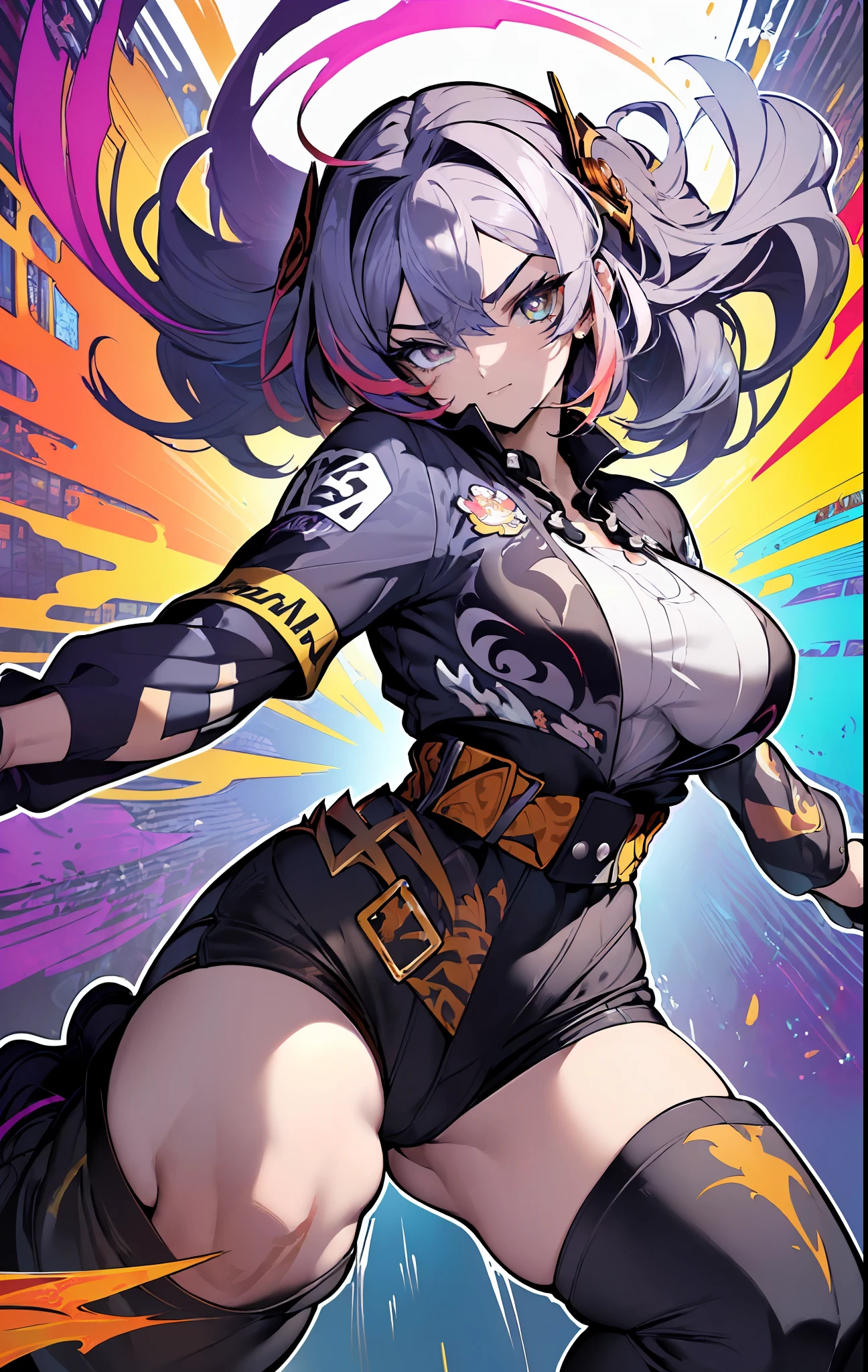 ((((fastastic))) ((heroic)) (((intense)),background, mixed-language_text, Japanese letters in graffiti ,girls and boys, excellent lighting, sidelighting, (), vhsKeeper,, style GUILTY GEAR -STRIVE perfect ultimate (flat color: 1.3), (magazine_cover: 1.4), (multicolored_background: 1.3), striped_background, card_background, :: comix style by joe madureira :: circular pieces of white metals glued to the arms coming out shimmering yellow glow, big breast , perfect and detailed, ultra detailed shirt with abstract design and with Japanese letter print in graphite of the sides of the clothing, image of full-body girls fighting next to you with powerful dragons versus alien creature full of tentacles, with immersive effects, hover effect, background style graffiti tribal tattoo with vibrant colors "HDR ultra" detailed and with focus effect, (masterpiece: 1.2, best quality), (beautiful eyes finely detailed: 1.2), , ((Solo)), (Finely detailed eyes and detailed face: 1.3), in various full-body attack poses, (cute background: 1.2),futuristic costume, super detailed circular metals Grabbed at arms and pants, fantastic paintings, eyes absolutely, hyper detailed, highest resolution, perfect hands, beautiful face, perfect mouth, beautiful eyes with big eyelashes and perfect, vibrant colors, night, digital art of the highest quality, stunning art, 4k,8k,64k wallpaper, HD, unparalleled masterpiece, dynamic lighting, cinematic, epic