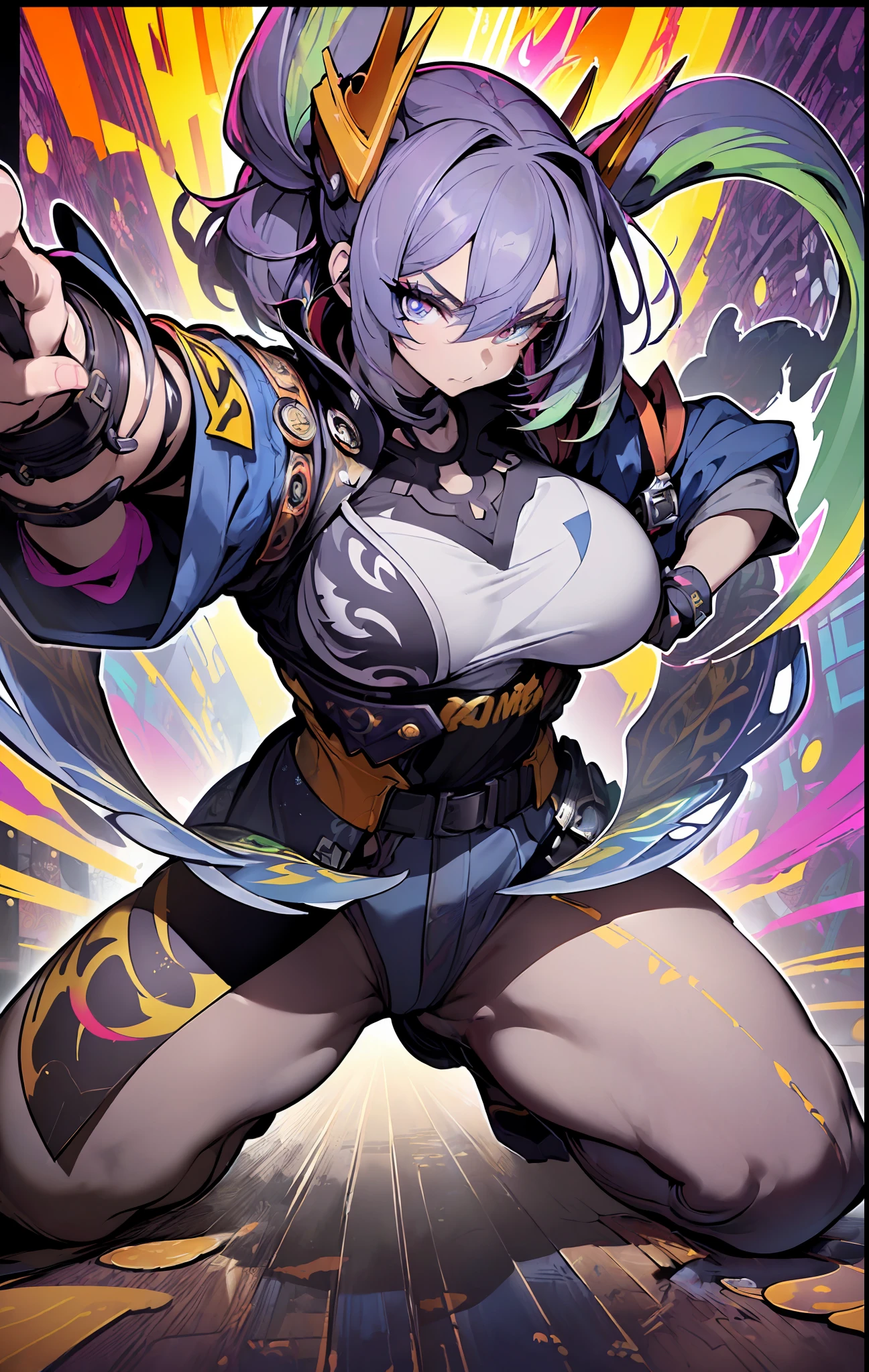((((fastastic))) ((heroic)) (((intense)),background, mixed-language_text, Japanese letters in graffiti ,girls and boys, excellent lighting, sidelighting, (), vhsKeeper,, style GUILTY GEAR -STRIVE perfect ultimate (flat color: 1.3), (magazine_cover: 1.4), (multicolored_background: 1.3), striped_background, card_background, :: comix style by joe madureira :: circular pieces of white metals glued to the arms coming out shimmering yellow glow, big breast , perfect and detailed, ultra detailed shirt with abstract design and with Japanese letter print in graphite of the sides of the clothing, image of full-body girls fighting next to you with powerful dragons versus alien creature full of tentacles, with immersive effects, hover effect, background style graffiti tribal tattoo with vibrant colors "HDR ultra" detailed and with focus effect, (masterpiece: 1.2, best quality), (beautiful eyes finely detailed: 1.2), , ((Solo)), (Finely detailed eyes and detailed face: 1.3), in various full-body attack poses, (cute background: 1.2),futuristic costume, super detailed circular metals Grabbed at arms and pants, fantastic paintings, eyes absolutely, hyper detailed, highest resolution, perfect hands, beautiful face, perfect mouth, beautiful eyes with big eyelashes and perfect, vibrant colors, night, digital art of the highest quality, stunning art, 4k,8k,64k wallpaper, HD, unparalleled masterpiece, dynamic lighting, cinematic, epic