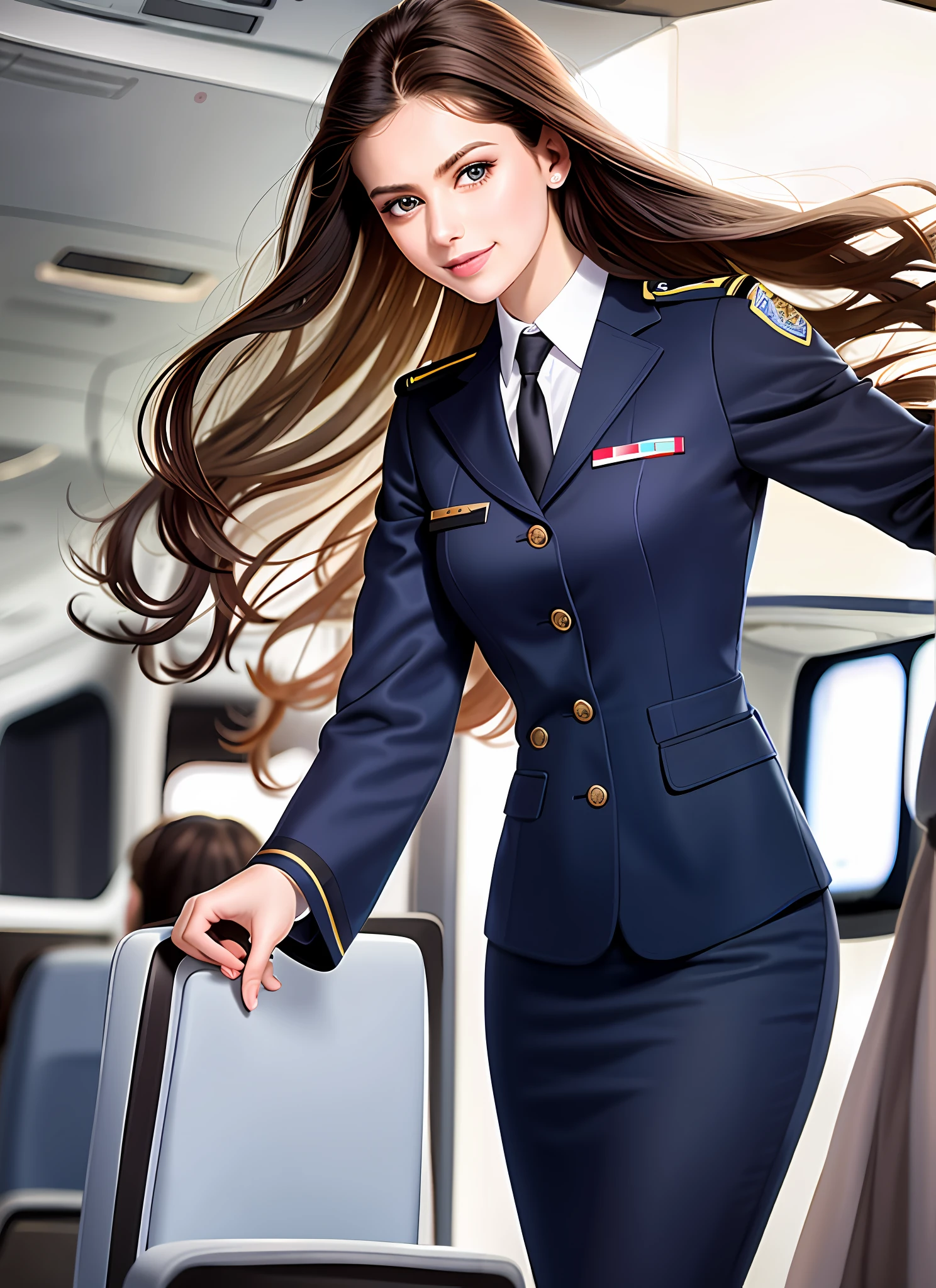 ultra realistic photograph, RAW professional photograph, 1girl, 23yo, flight attendant, brown hair, standing, elegant blue vintage stewardess uniform, slim, hazel eyes, beaming smile, inside a commercial airliner, jacket, looking at viewer, necktie, long hair, curly hair, skirt, solo