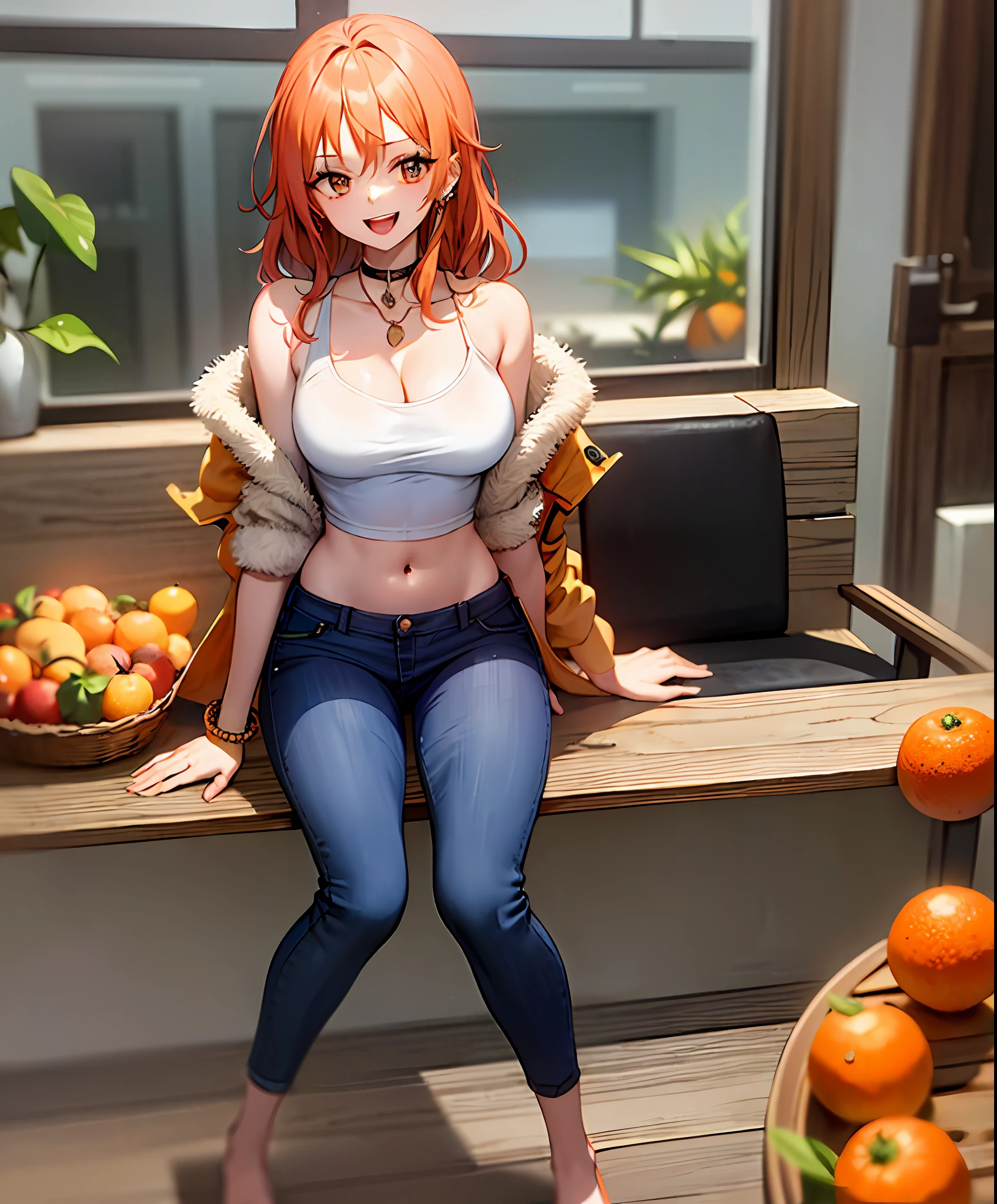 (bestquality,masterpiece) ,NamiOP, jewelry, smile, cleavage, earrings, bracelet, navel, short pants, jeans, :d, groin, holding, closed_eyes, sitting, blue_pants, blurry_background, solo_focus, blurry, food, fruit, orange_\(fruit\), holding_food, holding_fruit, mandarin_orange, ((jacket)), eyes open, ((open eyes)), look at viewer, face at viewer,
