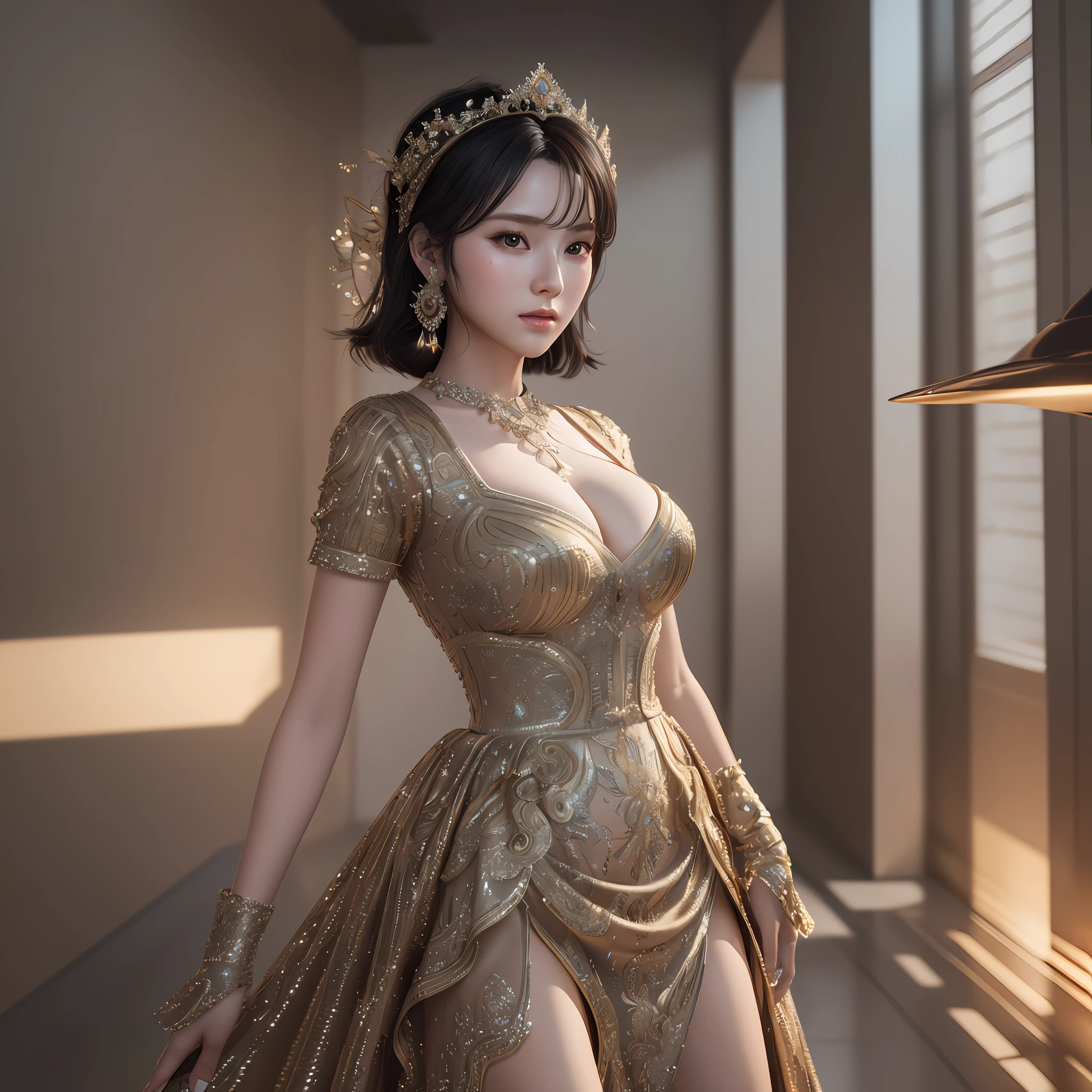 Masterpiece, Best Quality, (Extremely Detailed CG Unity 8k Wallpaper), (Best Quality), (Best Illustration), (Best Shadow), Baby Face, Most Beautiful Woman, Gorgeous Dress, Sexy Glamorous, Isometric 3D, Octane Rendering, Ray Tracing, Ultra Detailed