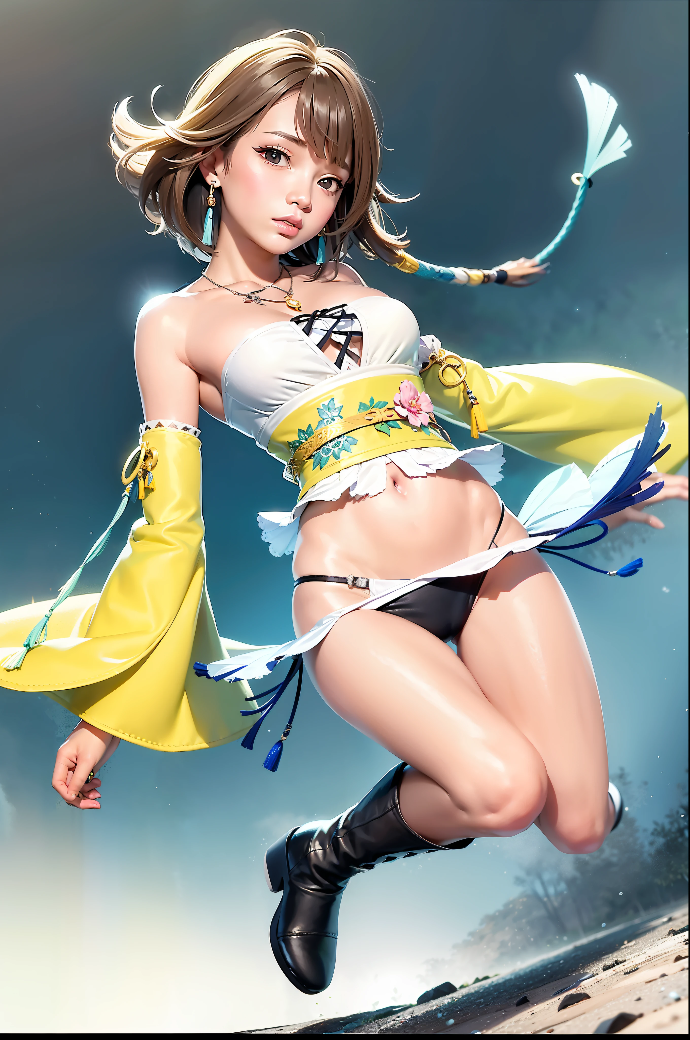 masterpiece, 1girl, (solo:1.5), yuna, (full figure:1.1), green left eye, blue right eye, Blue long tassel earrings, short brown hair, green left eye, necklace, Yellow kimono belt, White pink kimono, white top, sleeves, Blue pleated skirt, black boots, heterochomia, jumping, flapping shirt, white panties