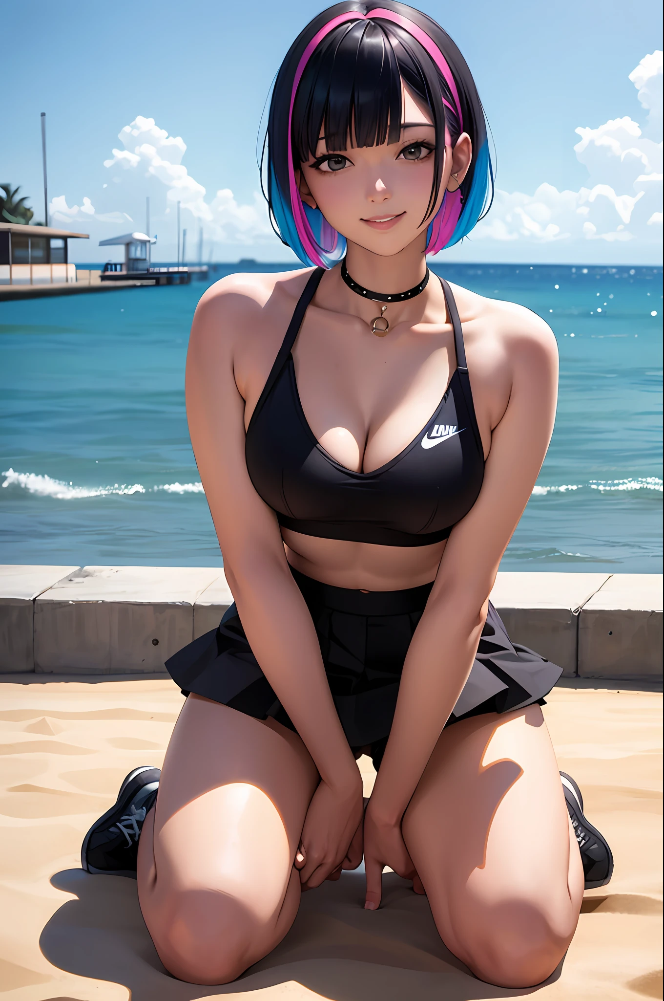 bob cut hair, short cut hair, nike, piercing woman, piercing, smile, colorful hair, black bikini, shorts, blunt bangs, (black skirt), 1girl,solo, flashy hair, photorealistic, high resolution, 1 girl, golden and pink and light blue hair, colorful hair color, korean, beach, wharf, cowboy shot, yes yes, on all fours