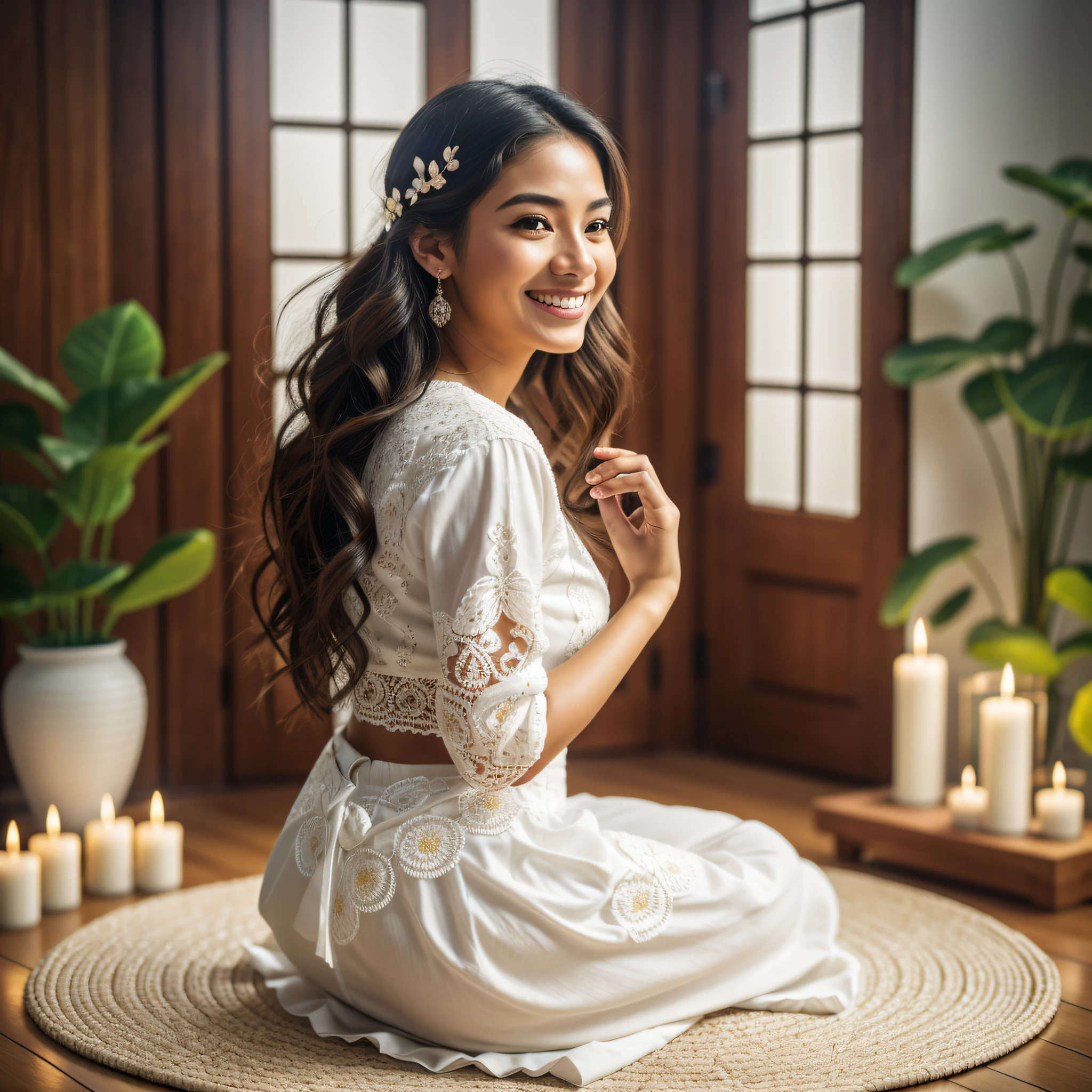(RAW photo, best quality), (realistic, photo-realistic face of smiling Latina woman, looking at the viewer, detailed face, wearing white clothes: 1.3), extremely delicate and beautiful, amazing, fine detail, masterpiece, ultra-detailed, highres, (best illustration), (best shadow), intricate, 1girl, silhouette, profile,sitting in lotus flower position, sitting on a meditation mat in a cozy and illuminated room Candles are visible around you, symbolizing peace and relaxation. Flowers are in your hands, and in the background are nature paintings and quotes about positivity and inner well-being and prosperity, sharp focus, 8k UHD, DSLR, high quality, (film grain: 1.4), Fujifilm XT3, bokeh, light particles