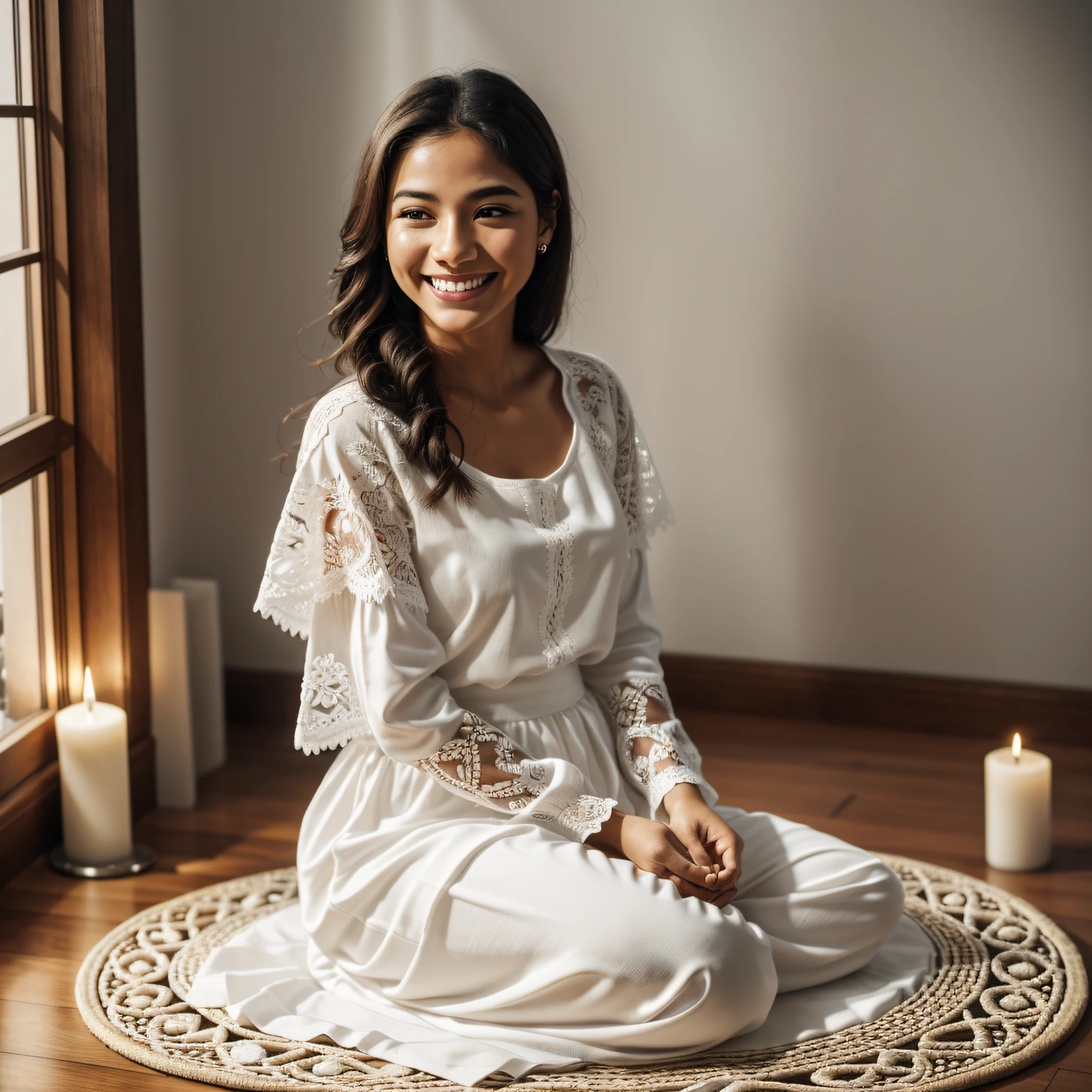 (RAW photo, best quality), (realistic, photo-realistic face of smiling Latina woman, looking at the viewer, detailed face, wearing white clothes: 1.3), extremely delicate and beautiful, amazing, fine detail, masterpiece, ultra-detailed, highres, (best illustration), (best shadow), intricate, 1girl, silhouette, profile,sitting in lotus flower position, sitting on a meditation mat in a cozy and illuminated room Candles are visible around you, symbolizing peace and relaxation. Flowers are in your hands, and in the background are nature paintings and quotes about positivity and inner well-being and prosperity, sharp focus, 8k UHD, DSLR, high quality, (film grain: 1.4), Fujifilm XT3, bokeh, light particles