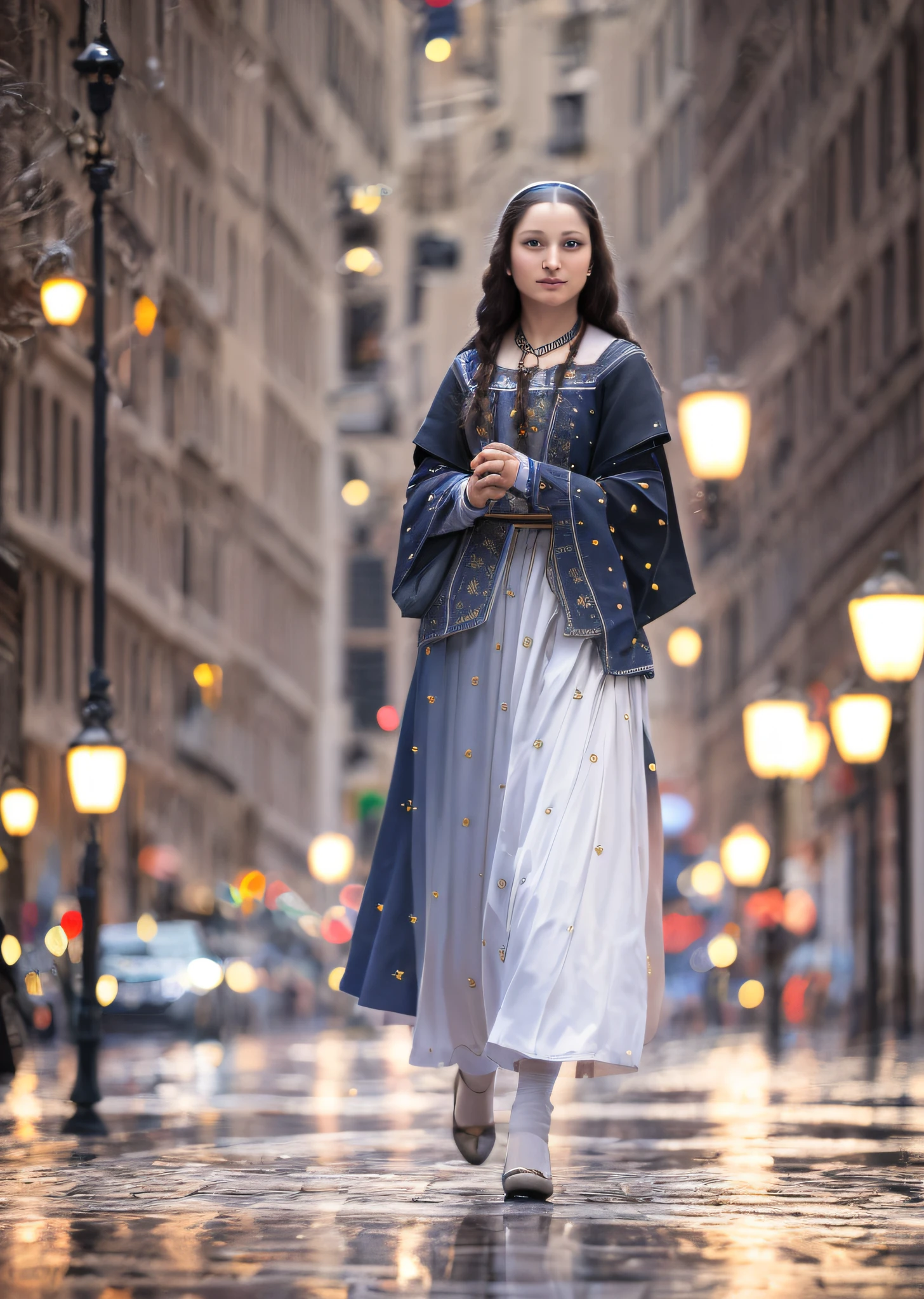 Mona Lisa walking down the street, gentle expressions, light streaks falling from the sky, masterpiece, highest quality, high quality, highly detailed CG unit 8k wallpaper, award winning photo, bokeh, depth of field, HDR, flood, chromatic aberration, realistic, very detailed, art station trend, CGsociety trend, complex, high detail, dramatic, midway art, volumetric lighting
