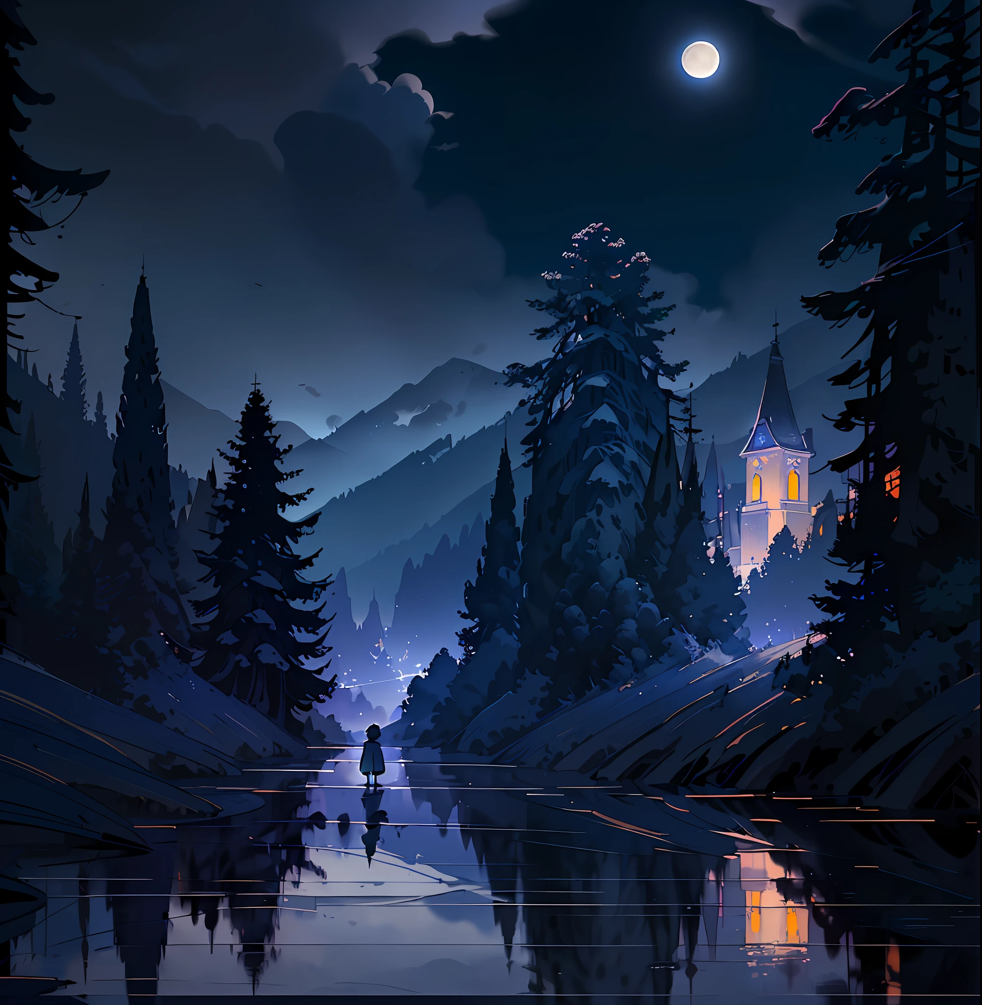 "(image of masterpiece, watercolor style, night landscape, small bright blue moon intensely, silhouette of a lonely man, admiring the moon, reflection on the lake, mountains in the background, subtle mist, soft shades of blue and purple)"