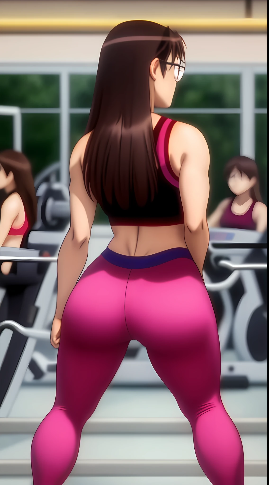 Koyomi Mizuhara, Brunette hair, glasses, huge breasts, medium ass, gym outfit, checking out her ass, back view, tights clenched