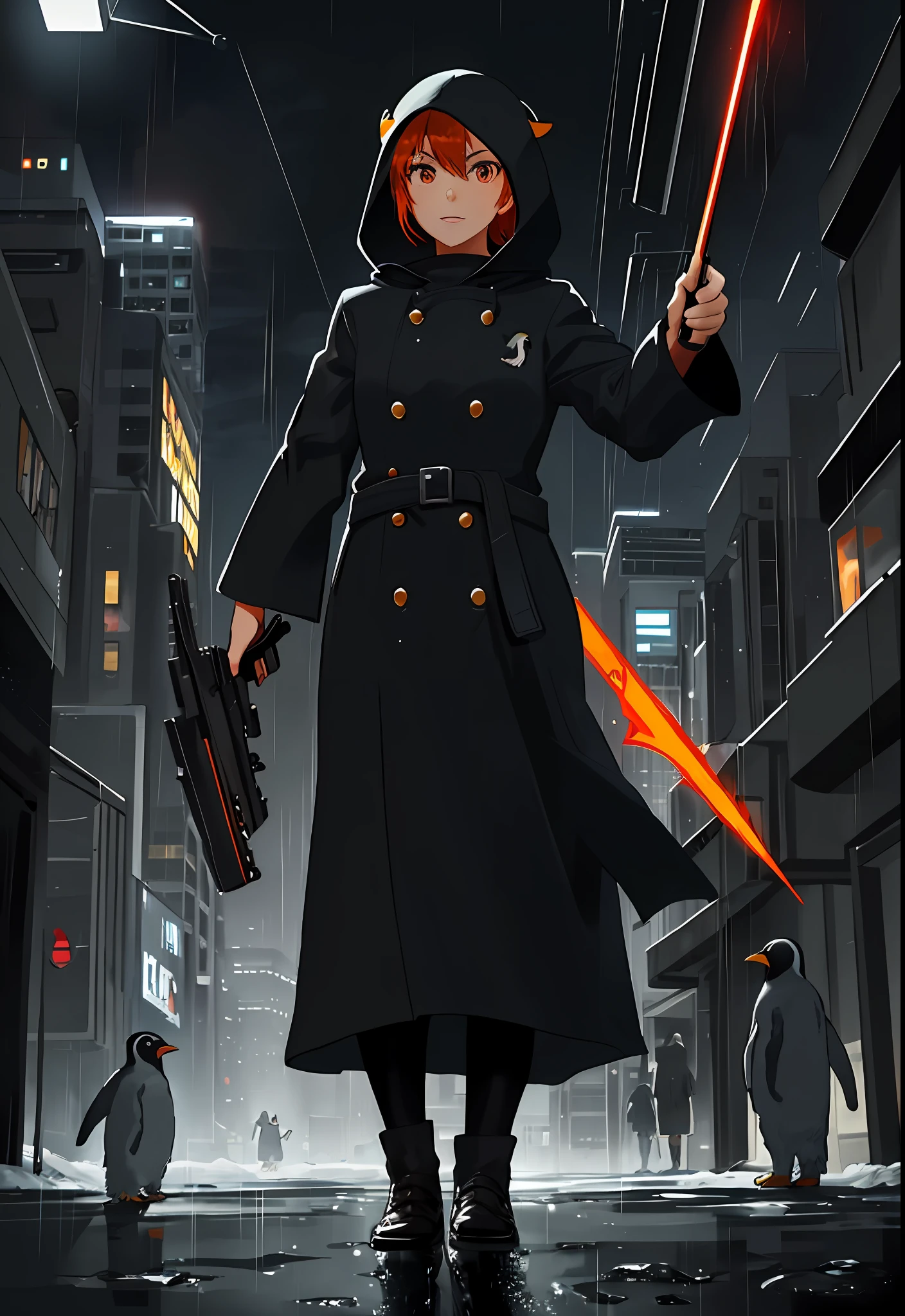 penguin(Special details: 1.3), (grainy: 0.8), Natural light, Futuristic City, (Rain: 1.3), (Dark: 1.3), (penguin fog 1.2), red light, orange light, blue light and girl, hooded robe, light logo, [cyberpunk clothing: torn fabric: 0.35penguin], Red Light, Orange Light, Danger, Sharp, (Weapon pointing at audience: 1.2), (Cold Color: 0.75penguin)