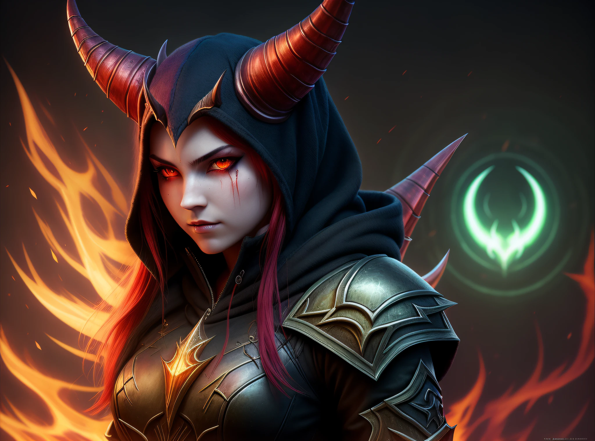 DEMON HUNTER, WOW, BLIZZARd, BLIZZARD entertaintment, WARCRAFT, WORLD OF WARCRAFT, ILLIDAN, ILLIDAN STORMRAGE, Warglaive of Azzinoth, Warglaive, Warglaives, FEL, EYE BEAM, BRIGHTWING EYES, RED eyes, red theme, horned_helmet, horns glowing_weapon long_hair, teeth bat_wings, claws, colored_skin, demon_girl, demon_horns, demon_tail, demon_wings, dragon_wings, bright, red_theme, horns, tail, tattoo, wings, hdr, vignette, centered, hyperrealism, hyperrealistic, realistic, realism, 1girl, black hoodie, angry expression, boob, bimbo, girl, woman, colorful, art by Artgerm and Greg Rutkowski and Alphonse much, Wide Angel Shot, Nikon 14 mm, portrait, fire, scars, scar, (((1girl))), (((1 girl))), SOLO FOCUS, SOLO, FOCUS, dripping blood