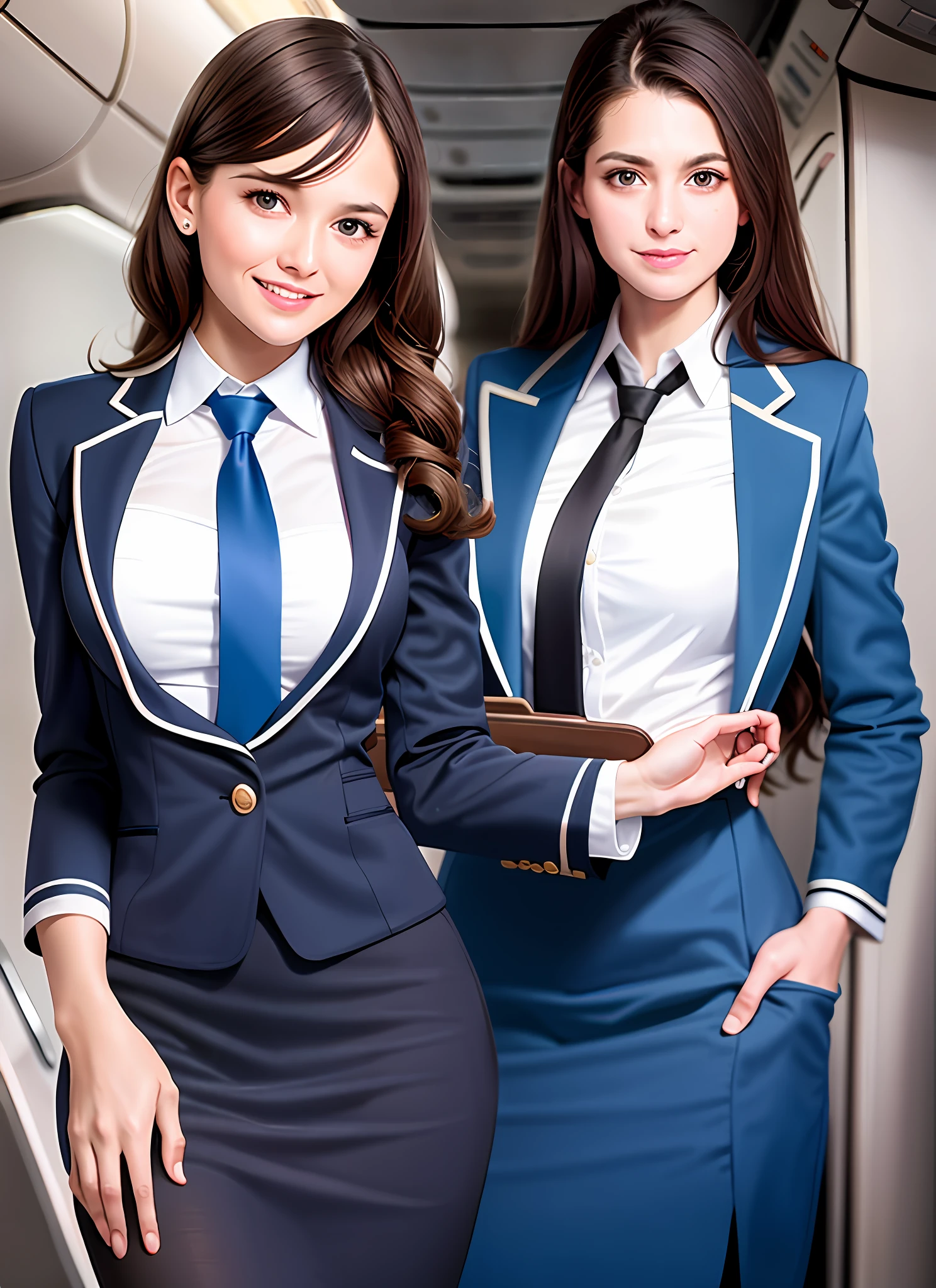 ultra realistic photograph, RAW professional photograph, 1girl, 23yo, flight attendant, brown hair, standing, elegant blue vintage stewardess uniform, slim, hazel eyes, beaming smile, inside a commercial airliner, jacket, looking at viewer, necktie, long hair, curly hair, blue skirt, solo