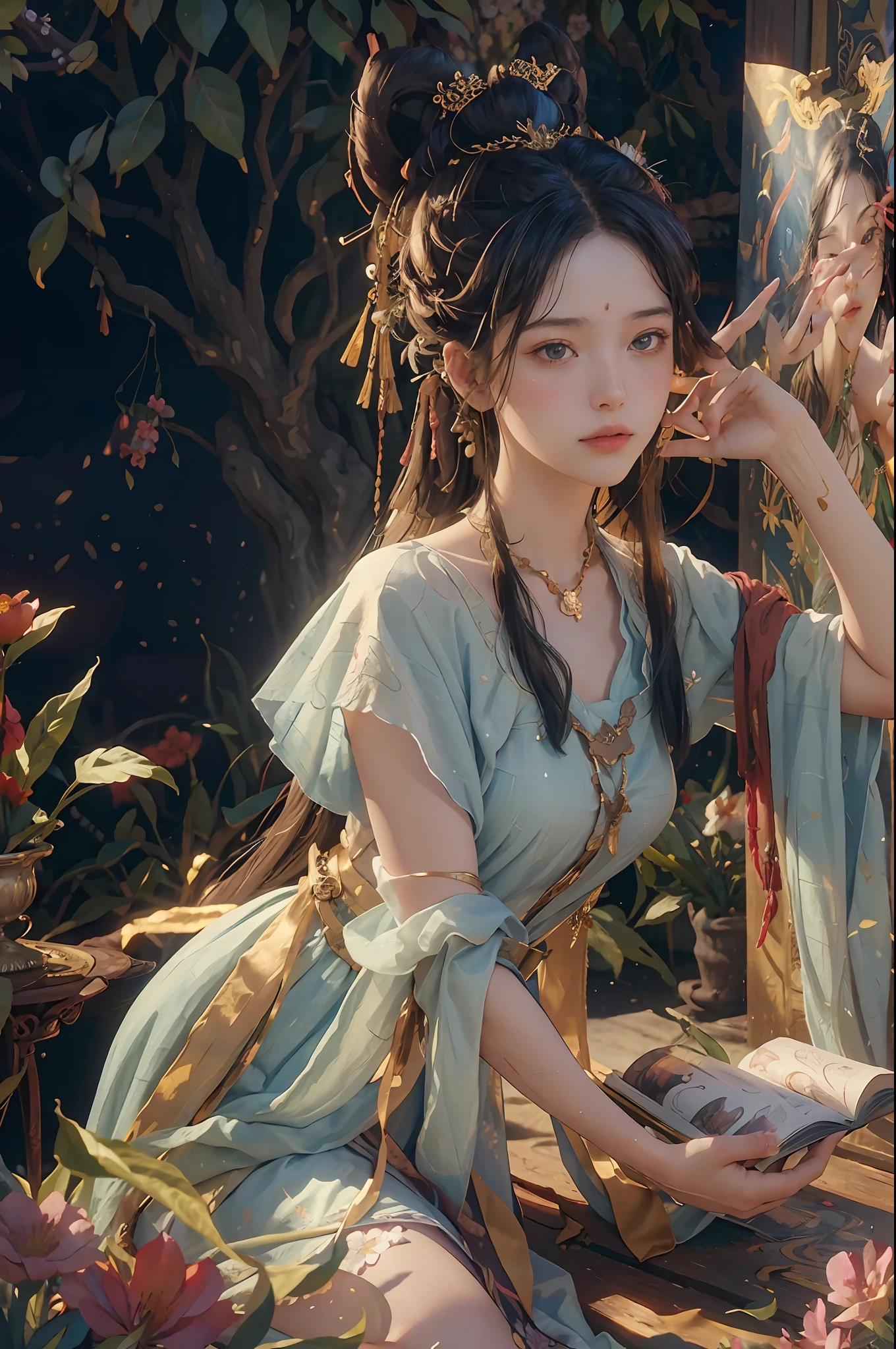 (RAW photo, best quality), (realistic, photorealistic: 1.3), best quality, high detail, masterpiece, ultra-detailed, illustration, painting of a European woman lying in a field of flowers, grapes, the scene where she is in Rivendell, inspired by Felice Casorati, with an open book, decaying dappled sunlight, image enumeration, she is the center of the garden, dynamic angle, theater of world masterpieces, best quality, extremely detailed CG  unity 8k wallpaper, ink, amazing, cinematic lighting,