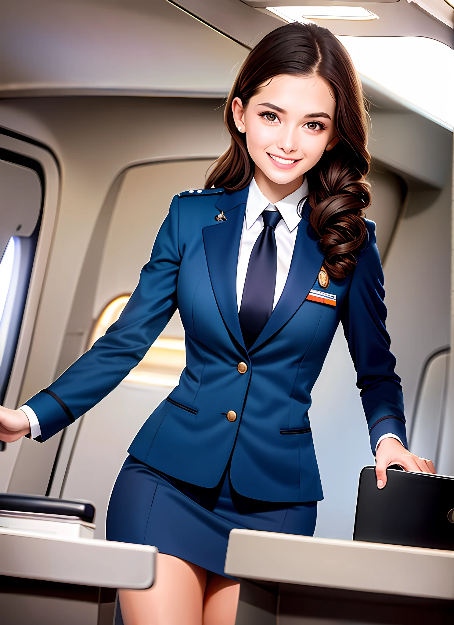 ultra realistic photograph, RAW professional photograph, 1girl, 23yo, flight attendant, brown hair, standing, elegant blue vintage stewardess uniform, slim, hazel eyes, beaming smile, inside a commercial airliner, jacket, looking at viewer, necktie, long hair, curly hair, blue skirt, solo