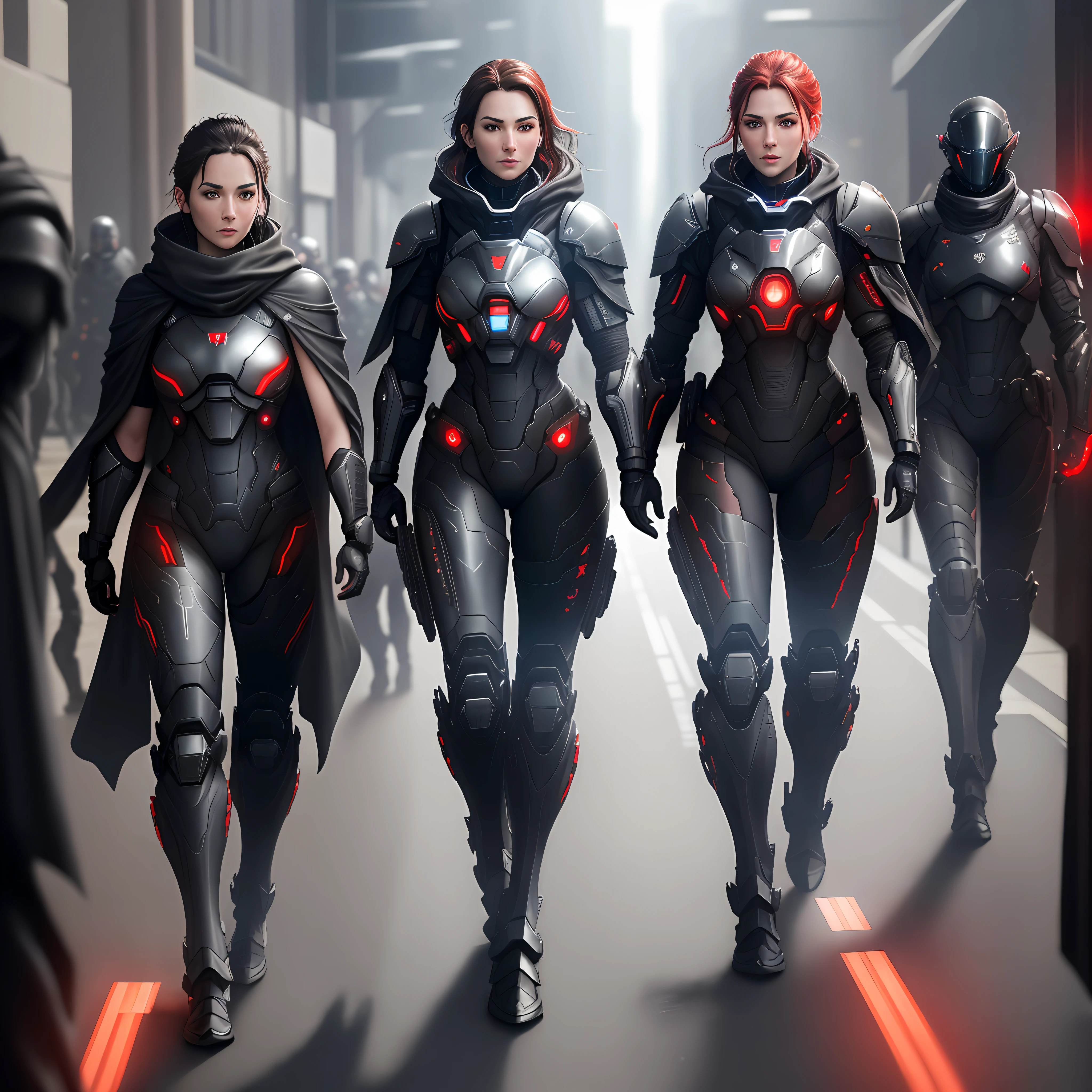 Extremely detailed, very realistic, very sharp, hyperrealistc, hyper realistic, best quality, females, military, tall, black armor, harness, straps, power armor, armor, weapon, powered, large pauldrons, straps, standing, sci-fi, no skin, concept, red lights, red backlights, concept, modern, futuristic, future, black armor, leg armor, red shawl, military pose, army, red LED, altered carbon, mass effect, destiny, titanfall, warface, warframe, riot police, conceptual, plated, black, glossy, holster, on duty, cape, cloak, in line, shawl, adult long face, 50 age, sharp jaw, open face, face visible, very short hair, face, adult face, long face, rough face