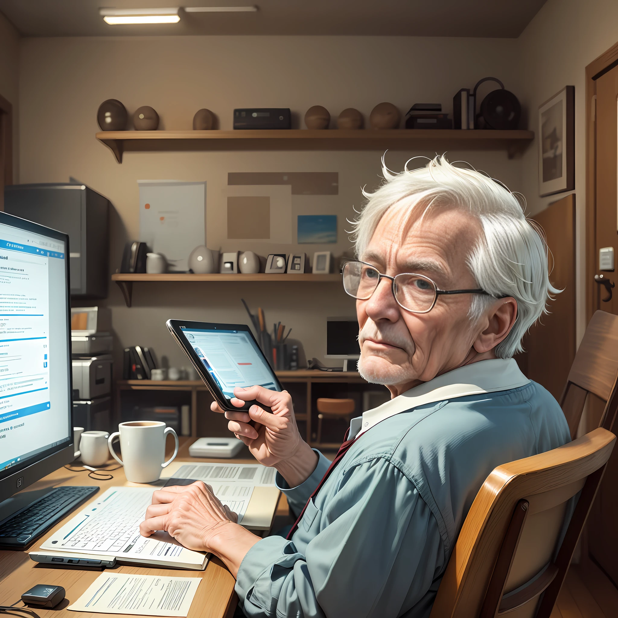 masterpiece, best quality, ultra-detailed, illustration, control room, scenery, scene depicts an elderly man in a room with a giant screen computer in front of him,elderly is sitting on his back in a comfortable chair with his eyes fixed on the screen, on the computer screen, big screen, there is a ranking of the best internet browsers, with DuckDuckGo in first place,  show soon DuckDuckGo, followed by Firefox in second place and Chrome in third, the elderly seems to be focused on reading the ranking and may be thinking of switching to one of the recommended browsers, expression on his face is realistic, showing a mixture of interest and curiosity.