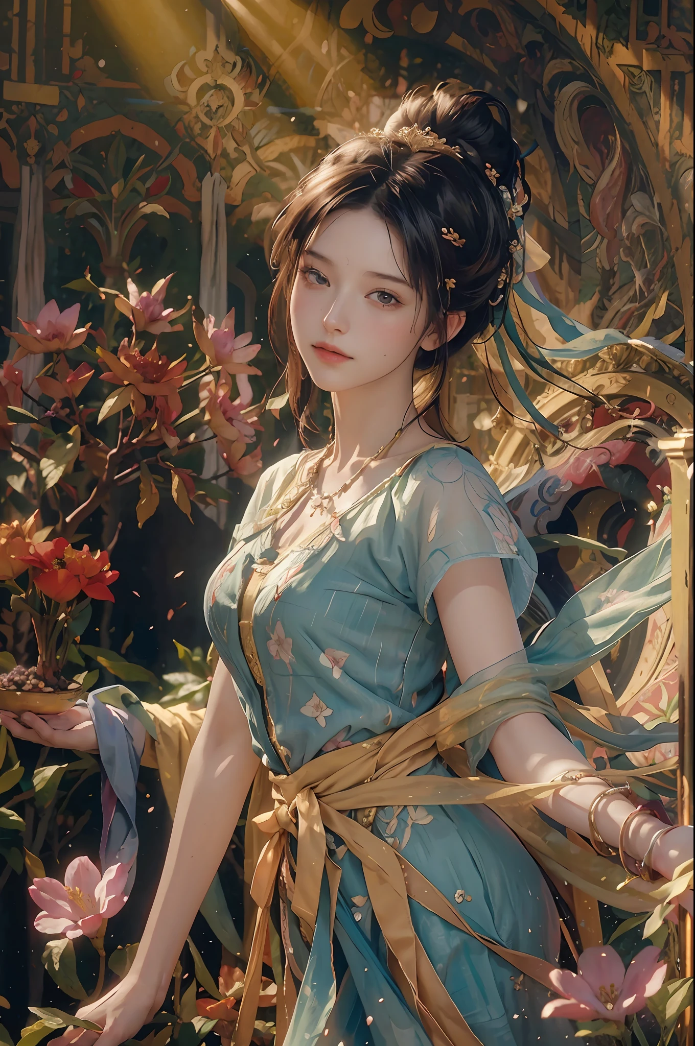 (RAW photo, best quality), (realistic, photorealistic: 1.3), best quality, high detail, masterpiece, ultra-detailed, illustration, painting of a European woman lying in a field of flowers, grapes, the scene where she is in Rivendell, inspired by Felice Casorati, with an open book, decaying dappled sunlight, image enumeration, she is the center of the garden, dynamic angle, theater of world masterpieces, best quality, extremely detailed CG unity 8k wallpaper, ink, amazing, cinematic lighting,