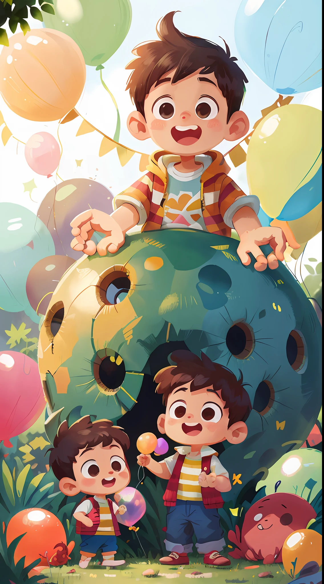 A boy, zoo, many balloons, happy, happy, perfect quality, clear focus (clutter - home: 0.8), (masterpiece: 1.2) (realistic: 1.2) (bokeh) (best quality) (detailed skin: 1.3) (complex details) (8K) (detail eyes) (sharp focus), (happy) full body, two children, clean background, long view composition, 85MM SHOT