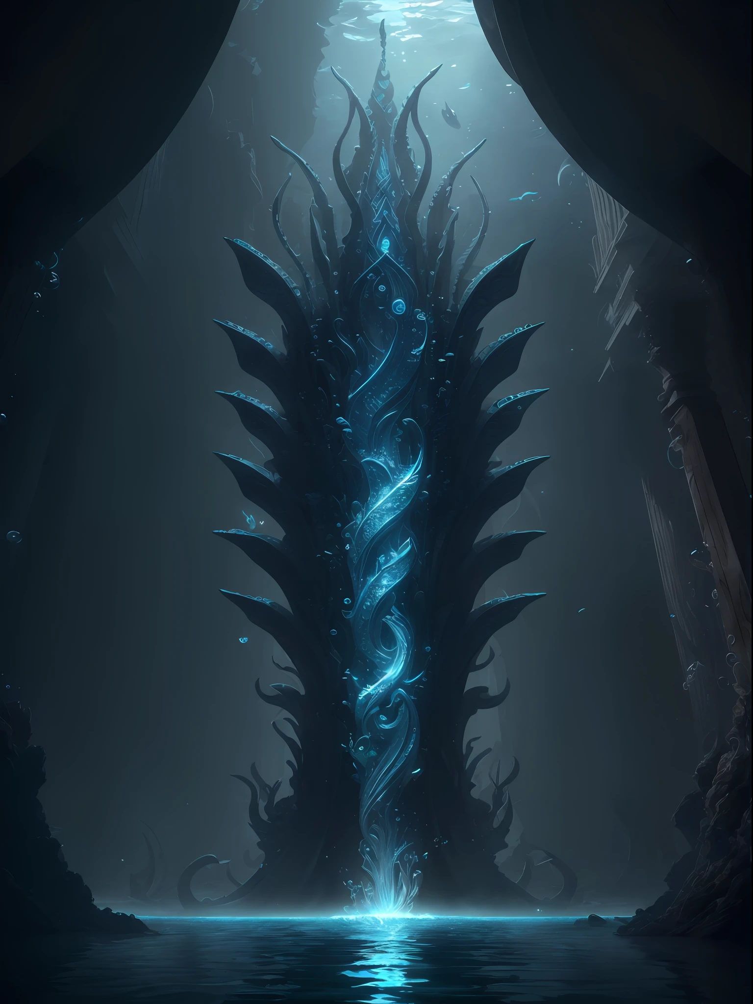 (extremely detailed CG unity 8k wallpaper,masterpiece,best quality, ultra-detailed),(best illumination, best shadow, an extremely delicate and beautiful),floating, underwater city, deep sea, god-like, trident, powerful pose, mystic creatures, shimmering water, neoclassical architecture.