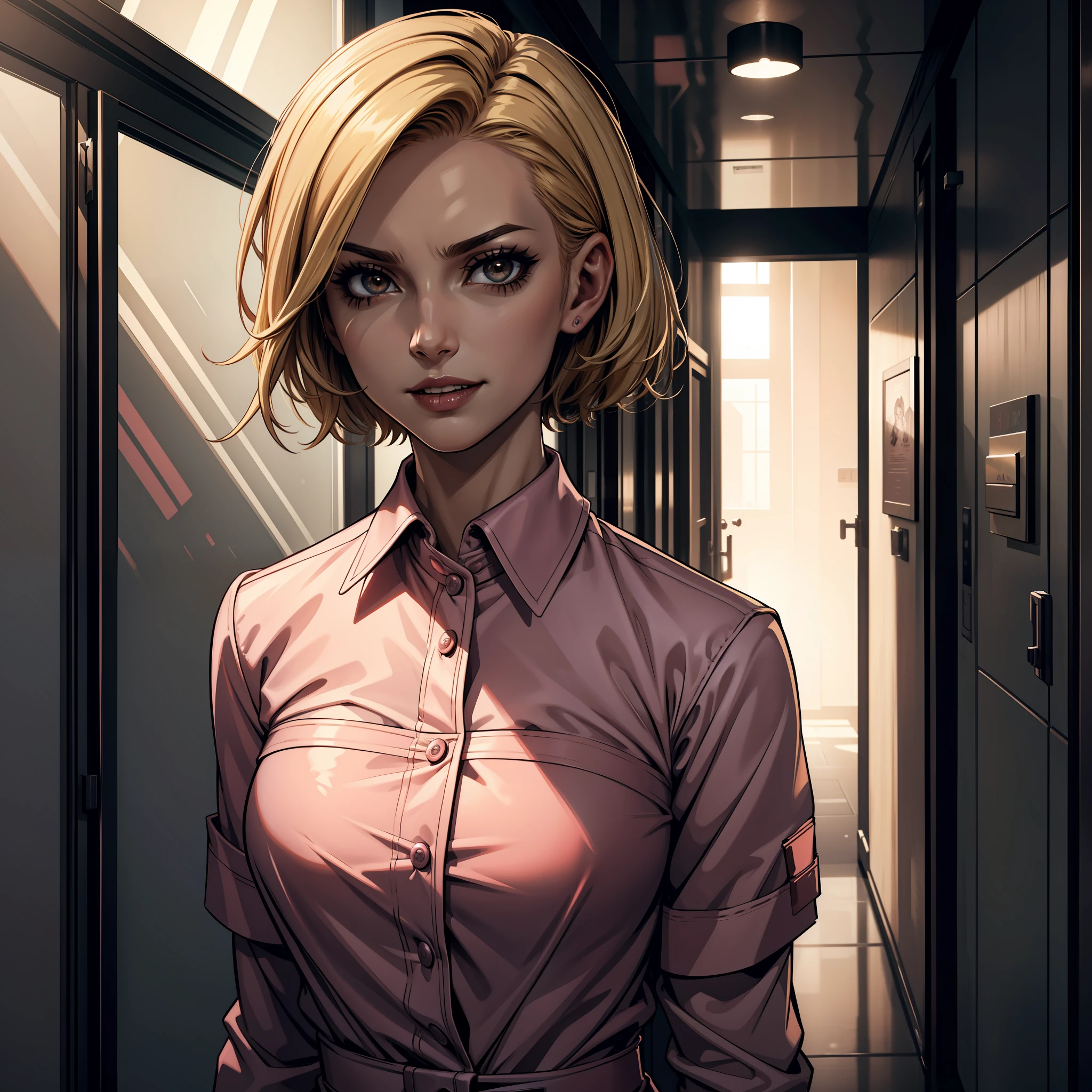 (extremely detailed 8k wallpaper), dark theme, Vampire the Masquerade, modern horror, 2020s, young woman, wearing pink nurse uniform, sharp focus, (subsuperficial scattering:1.1), award-winning photography, centered face, half-body photo:1.1, very short blonde hair, brown eyes:1.2, cheerful expression, inside hospital hallway, dramatic lighting