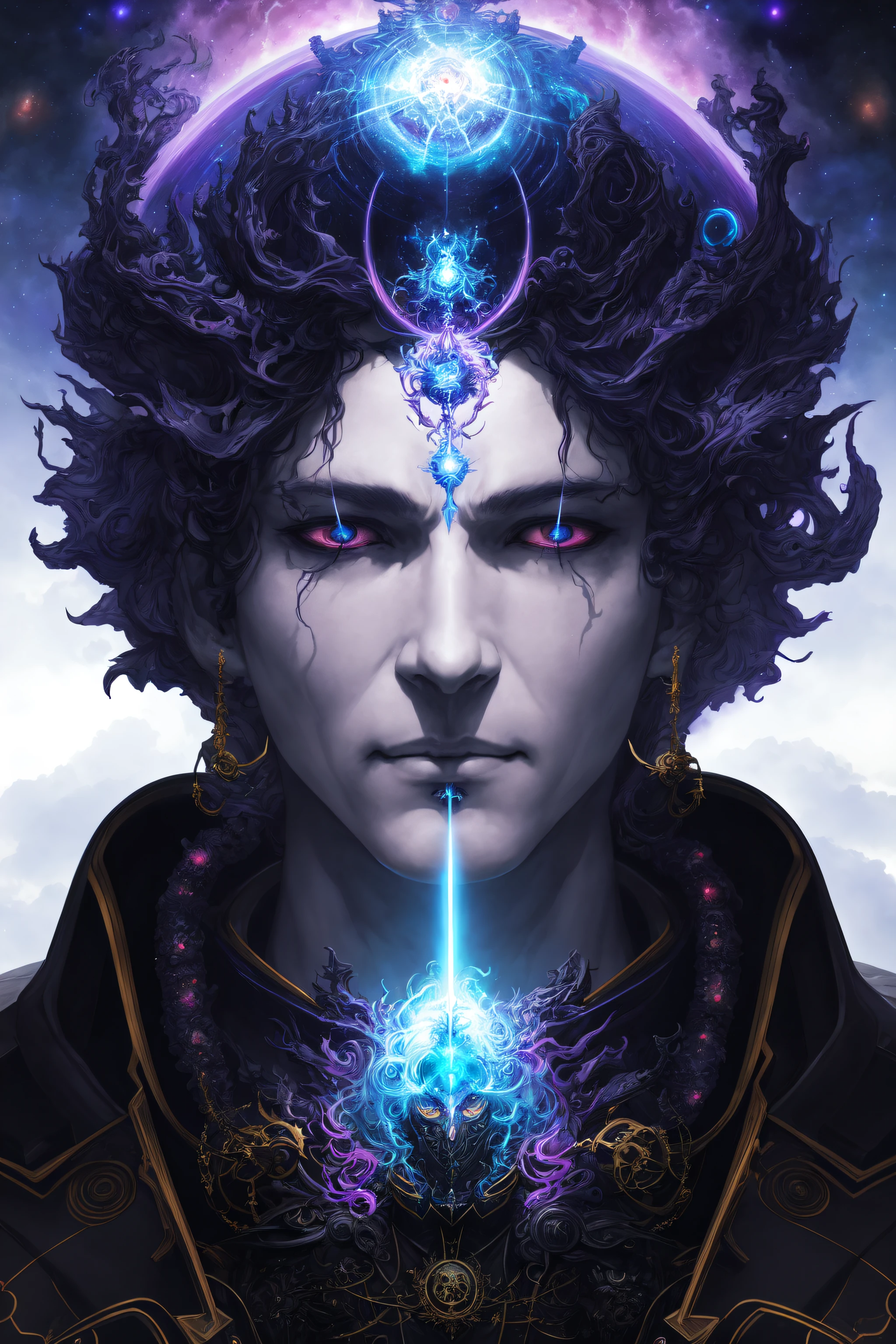 portrait of a fourth dimensional god, astral projection, twisted reality, Dark fantasy, Cosmic Horror, galaxy, clouds, art by ruan jia, 8k, highly detailed
