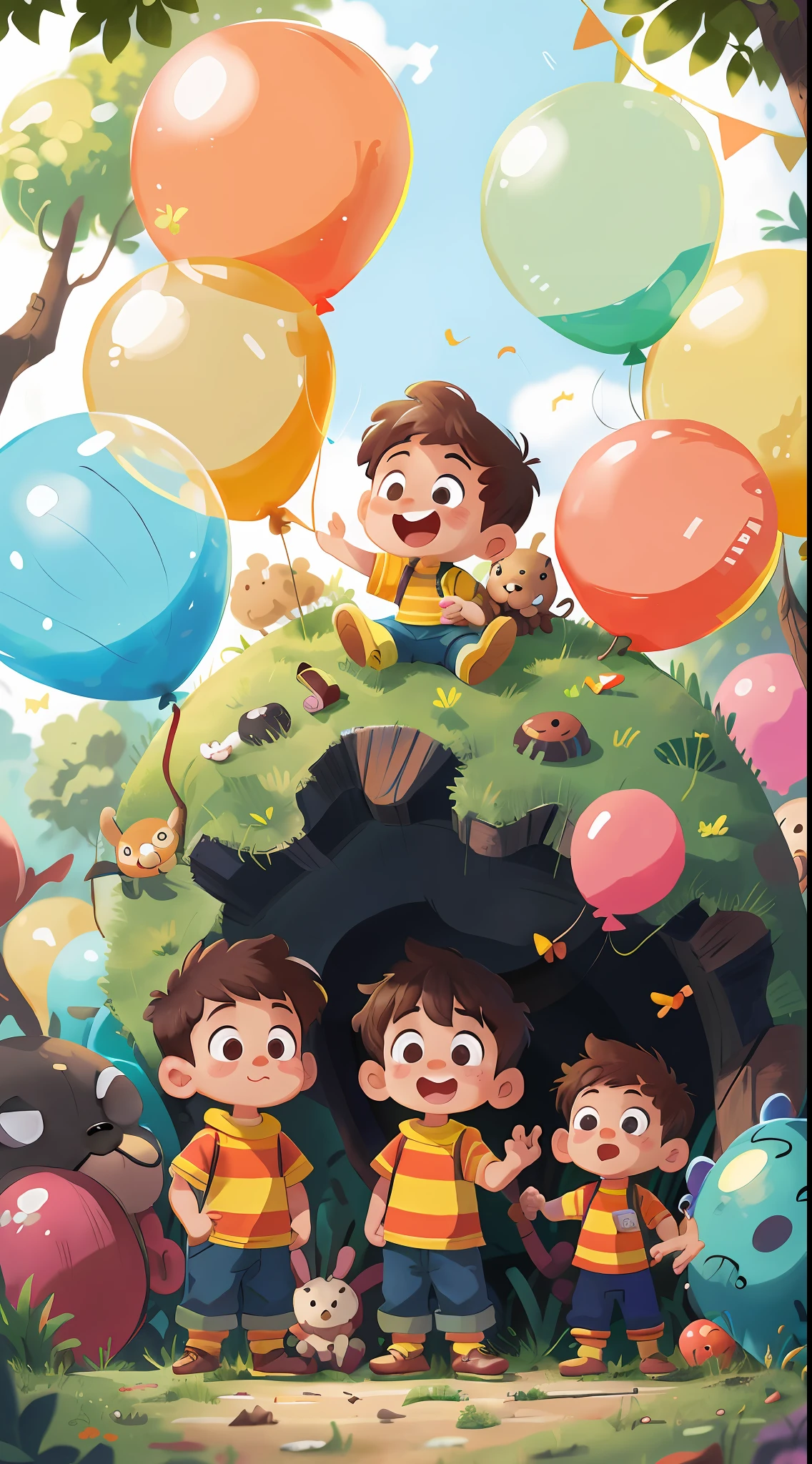 A boy, zoo, many balloons, happy, happy, perfect quality, clear focus (clutter - home: 0.8), (masterpiece: 1.2) (realistic: 1.2) (bokeh) (best quality) (detailed skin: 1.3) (complex details) (8K) (detail eyes) (sharp focus), (happy) full body, two children, clean background, long view composition, 85MM SHOT