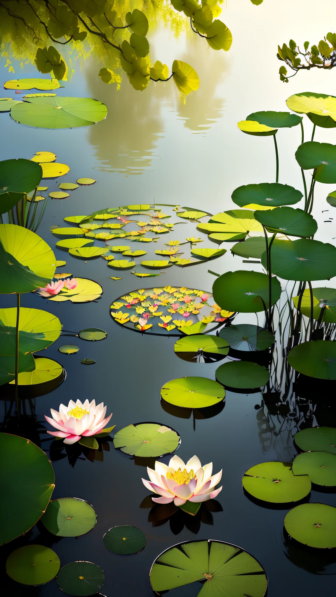 Masterpiece, exquisite, beautiful scenery deep in the lotus pond, (colourful, vivid, sunny, cool light: 1.2) lotus leaves in the pond. high quality high quality