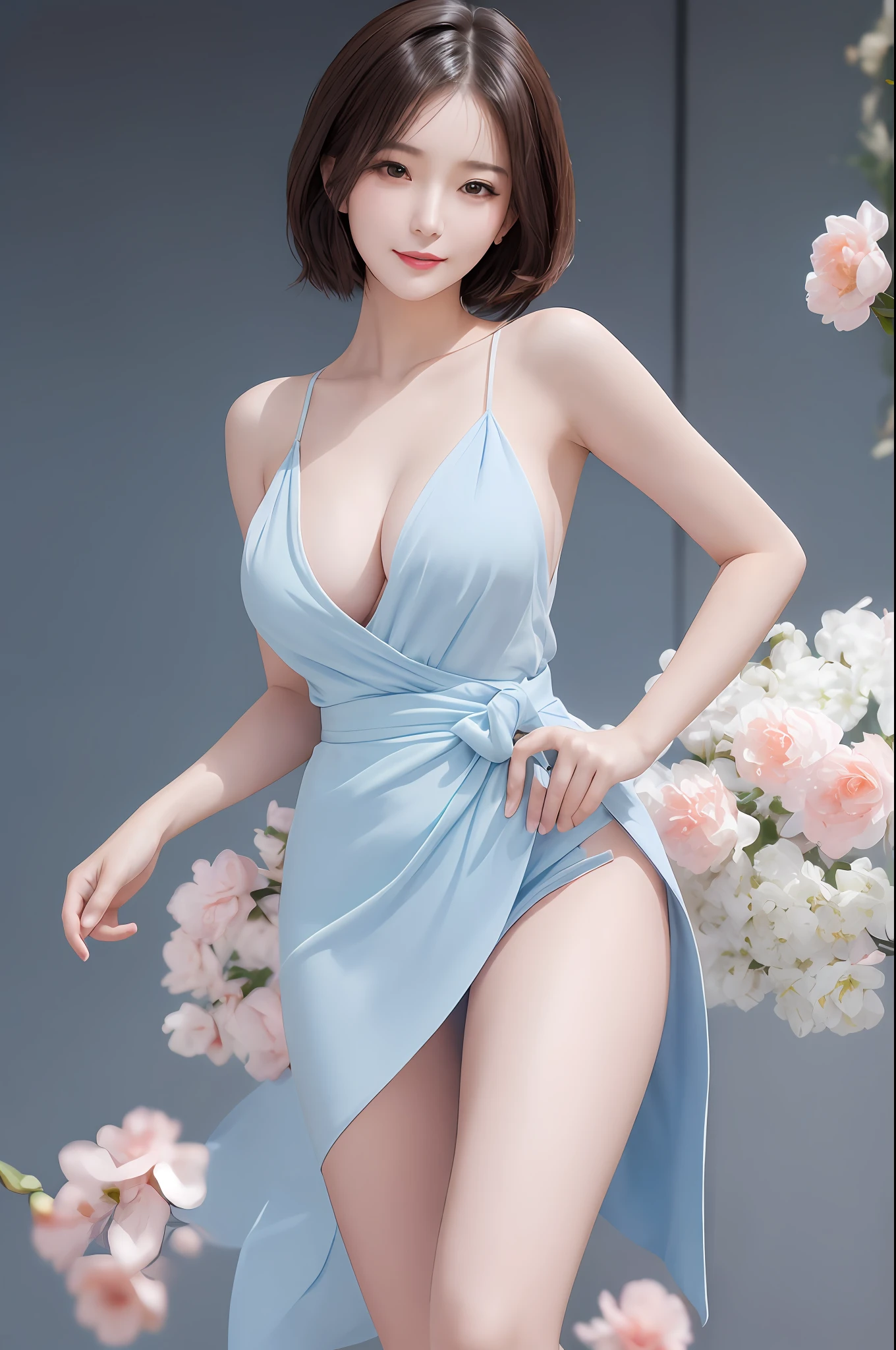 A sexy and charming Japanese woman, elegant and intellectual, confident and generous, exquisite and beautiful face, exquisite collarbone, charming fragrant shoulders, low-cut sky blue wrap skirt without suspenders, full body photo, body facing the front, beautiful and exquisite pretty face, peach Red lips, fragrant shoulders slightly exposed, breasts looming, focus on the face, seductive and delicate collarbone, ultra-high resolution, tender and smooth skin, very realistic details, bokeh, Bright Background, ultra-high-definition, outstanding details, 8K, blushing face, Attractive collarbone, sexy shoulders,one person,bob hair, short hair,smile,