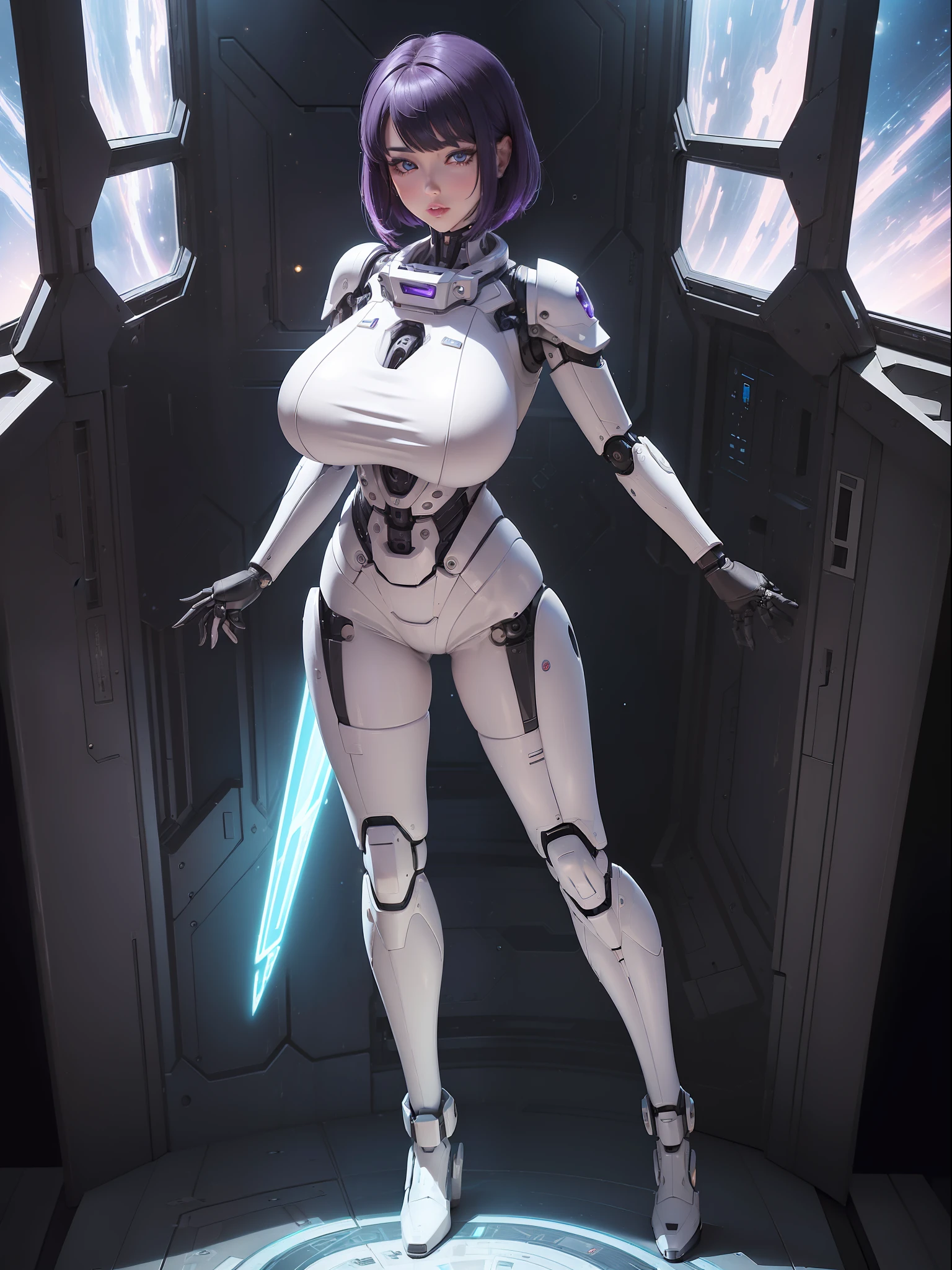 (full body photo:2), (one/woman/mechanical:1.8), (extremely large breasts:1.8), (all mechanical body:1.8), with white bionic armor with black gears, (she is inside a spaceship near the window seeing outer space:1.5), (she has very short purple slick hair:1.2), (blue eyes:1.2), (moaning:1.5), (blush:1.5), (is doing sexy poses standing for the viewer:1.5), anime style, Anime, 16k, high quality, textured skin, UHD, award winning