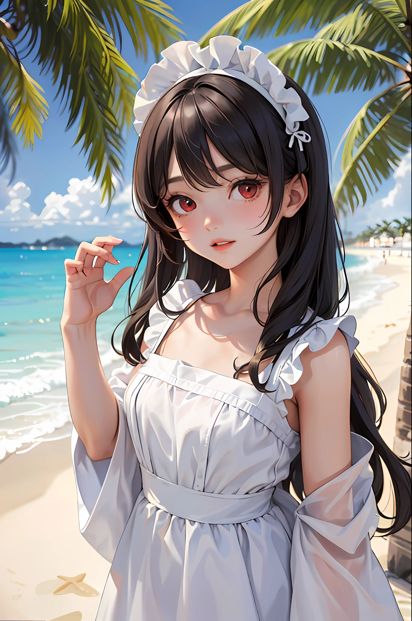 (masterpiece:1.2, best quality), (8 years old girl, loli,solo, upper body:1.2), Clothing: maid outfit, ((conservatively dressed)), Hair: Loose beach waves, Makeup: Natural, glowing skin, Behavior: Relaxed, carefree, free-spirited, Location: Beach, Resort, outdoor festival, red eyes, big bust