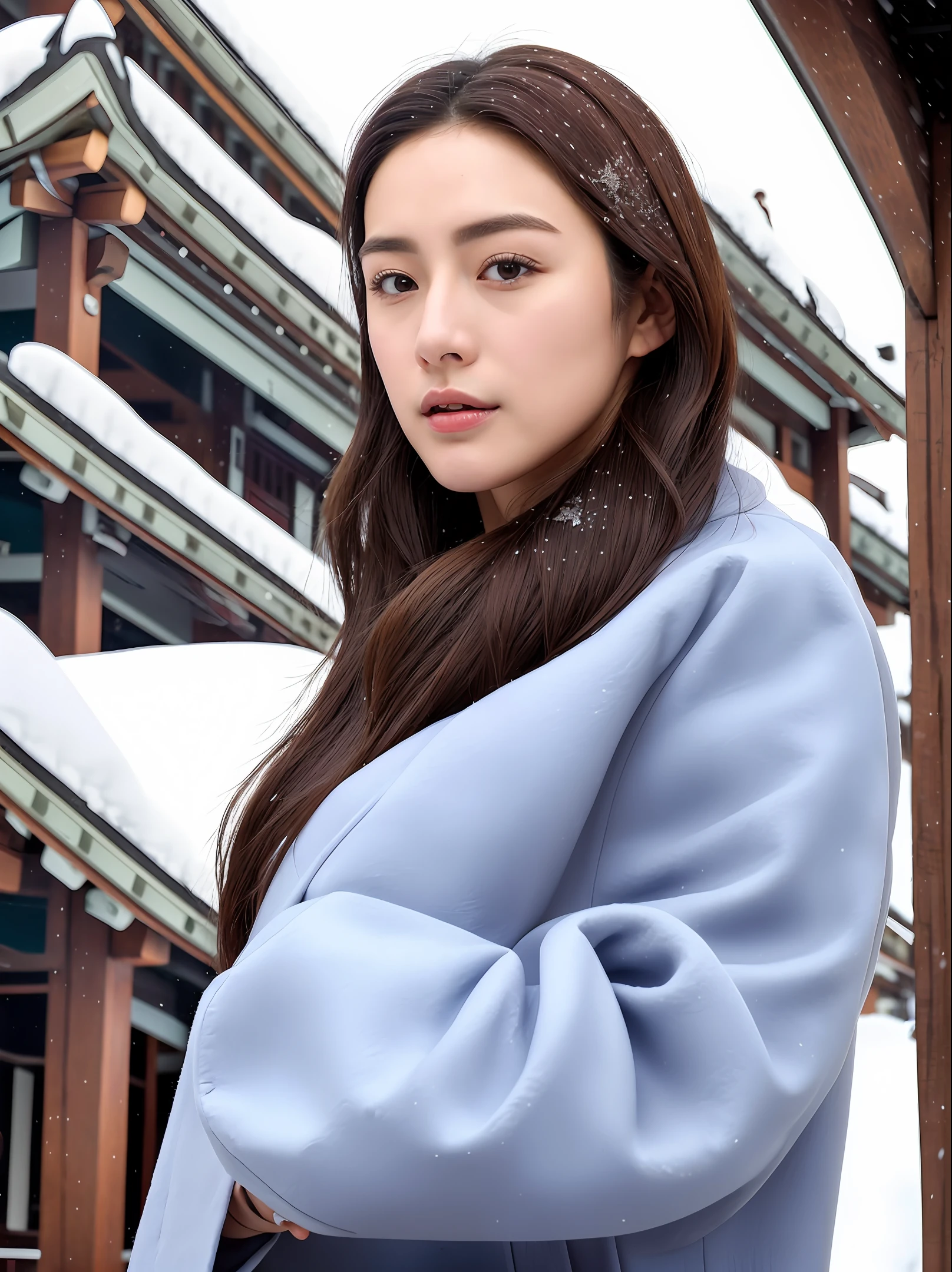 realistic photos of (1 cute Korean star) Shoulder-length hair, thin makeup, medium breasts size, wearing coat, in the snow, clear facial features, 8K high resolution, sharp and realistic details.from outside, Eye-Level Shot, f/4.0, 135mm, Fujifilm, jpeg artifacts, dithering, UHD, masterpiece