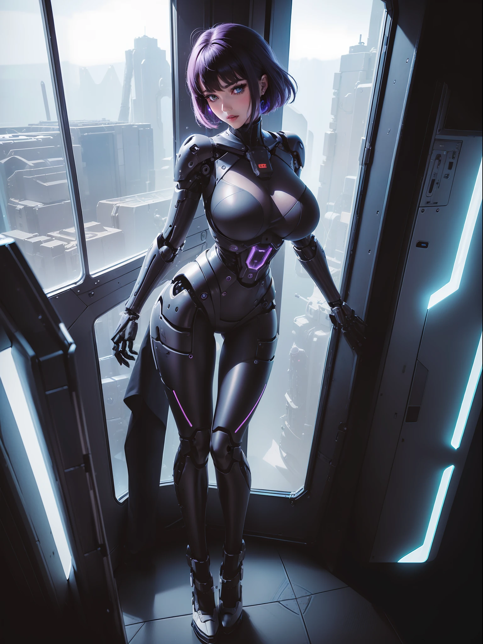 (full body photo:2), (one/woman/mechanical:1.8), (extremely large breasts:1.8), (all mechanical body:1.8), with white bionic armor with black gears, (she is inside a spaceship near the window seeing outer space:1.5), (she has very short purple slick hair:1.2), (blue eyes:1.2), (moaning:1.5), (blush:1.5), (is doing sexy poses standing for the viewer:1.5),  anime style, Anime, 16k, high quality, textured skin, UHD, award winning