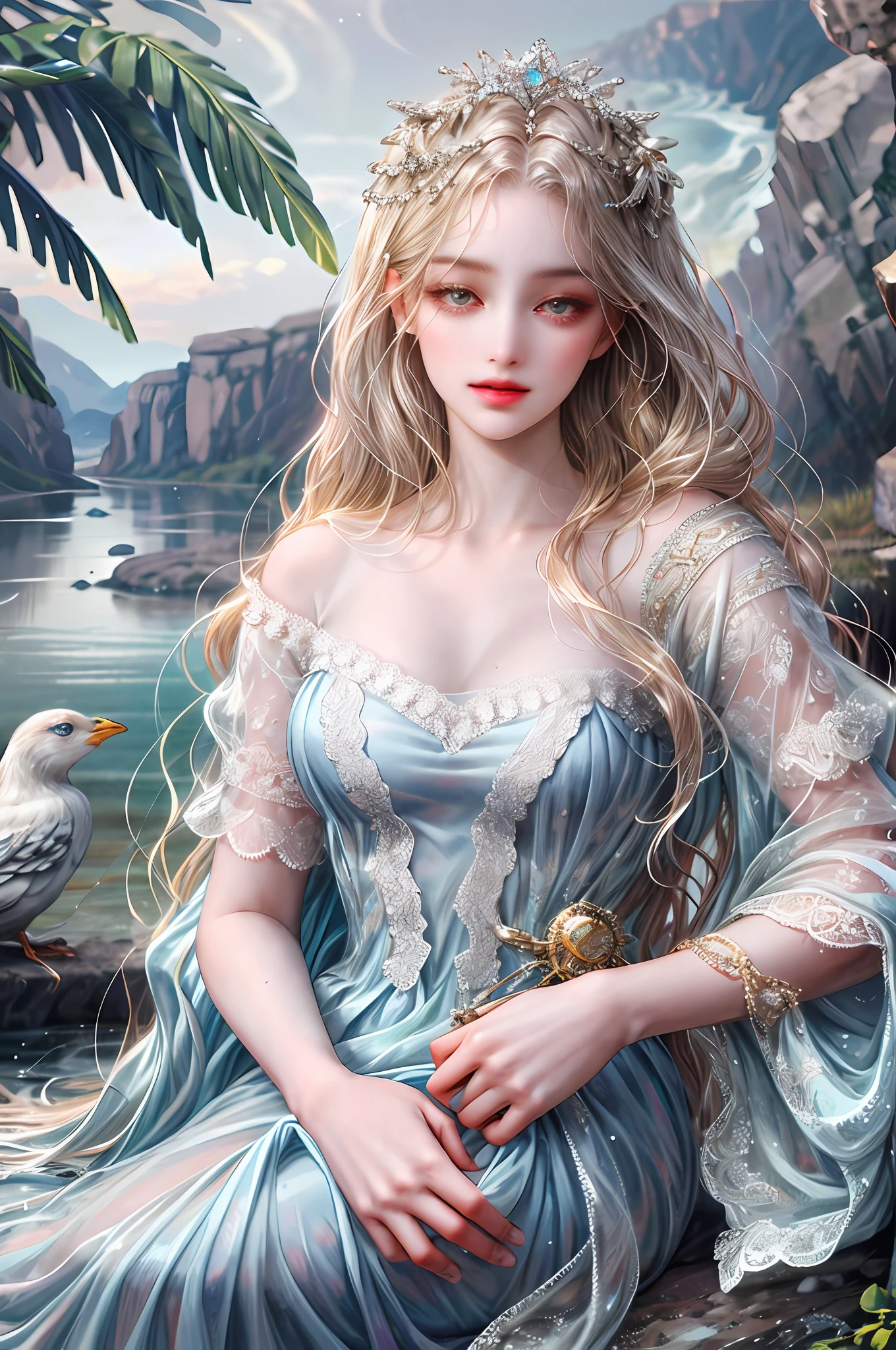 ( High quality , ultra detailed, careful with hand )Zodiac - Aquarius goddess , similar to latin goodness . Generous, trustworthy, independent, logical face . Detached, indifferent, rebellious style . Dark silver eyes (eyes detail) , light blonde hair , long straight hair, transparent dress , in the river with birds , whole body , make up look , throwing water to river . The goddess of river