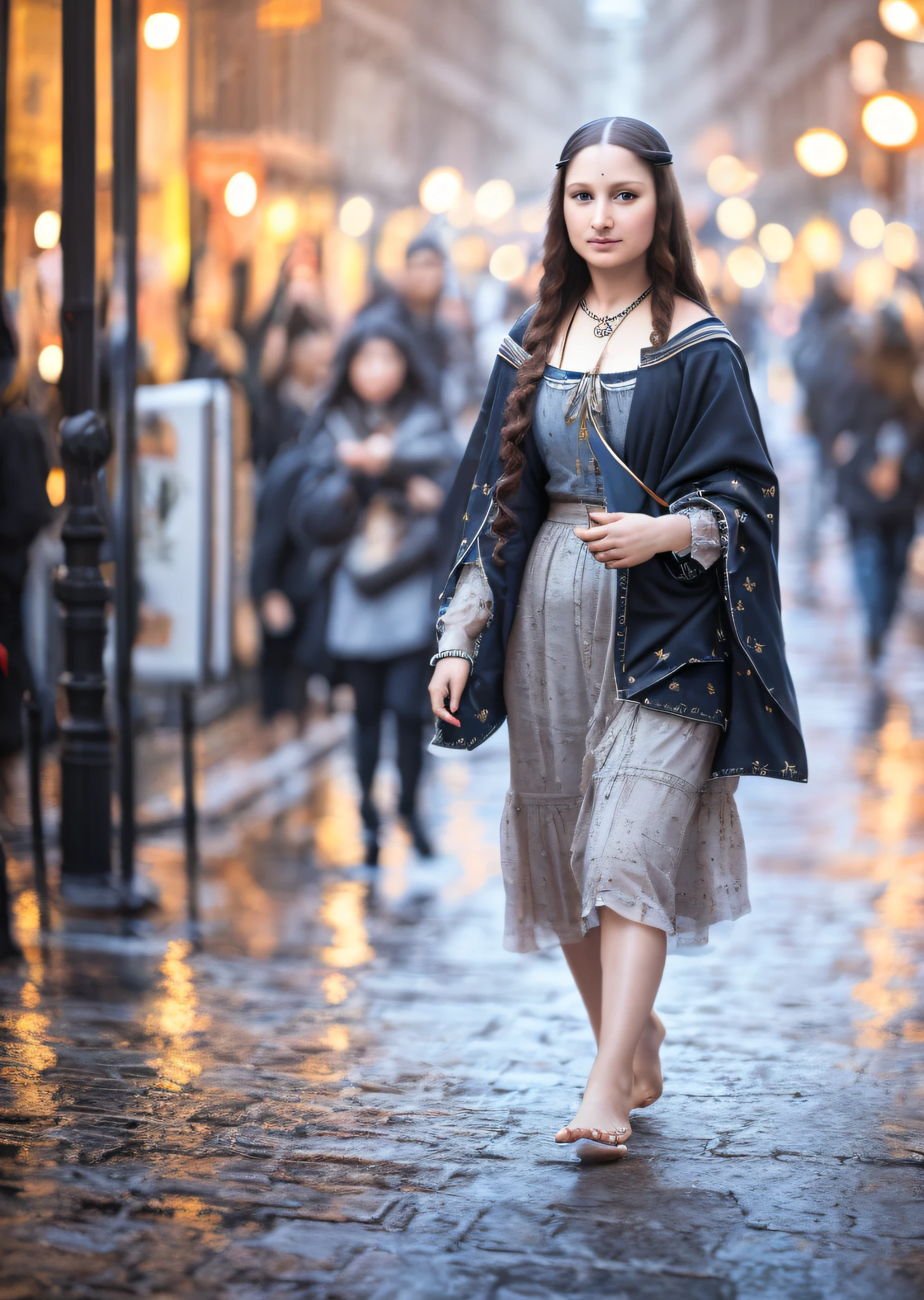 Mona Lisa walking on the street, gentle expression, full body portrait, barefoot, streaks of light falling from the sky, masterpiece, highest quality, high quality, highly detailed CG unit 8k wallpaper, award winning photo, bokeh, depth of field, HDR, flood, chromatic aberration, realistic, very detailed, art station trend, CGsociety trend, complex, high detail, dramatic, midway art, volumetric lighting
