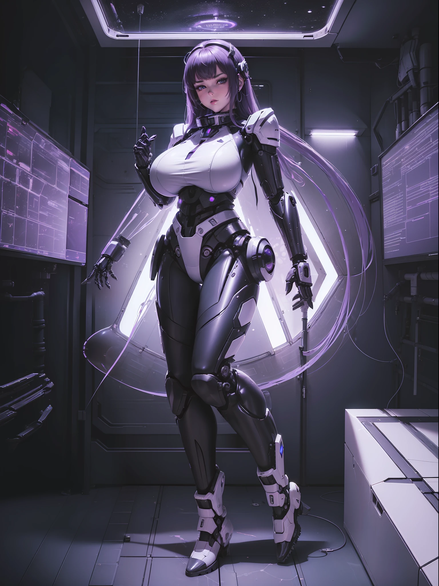 (full body photo:2), (one/woman/mechanical:1.8), (extremely large breasts:1.8), (all mechanical body:1.8), with white bionic armor with black gears, (she is inside a spaceship near the window seeing outer space:1.5), (she has very short purple slick hair:1.2), (blue eyes:1.2), (moaning:1.5), (blush:1.5), (is doing sexy poses standing for the viewer:1.5), anime style, Anime, 16k, high quality, textured skin, UHD, award winning