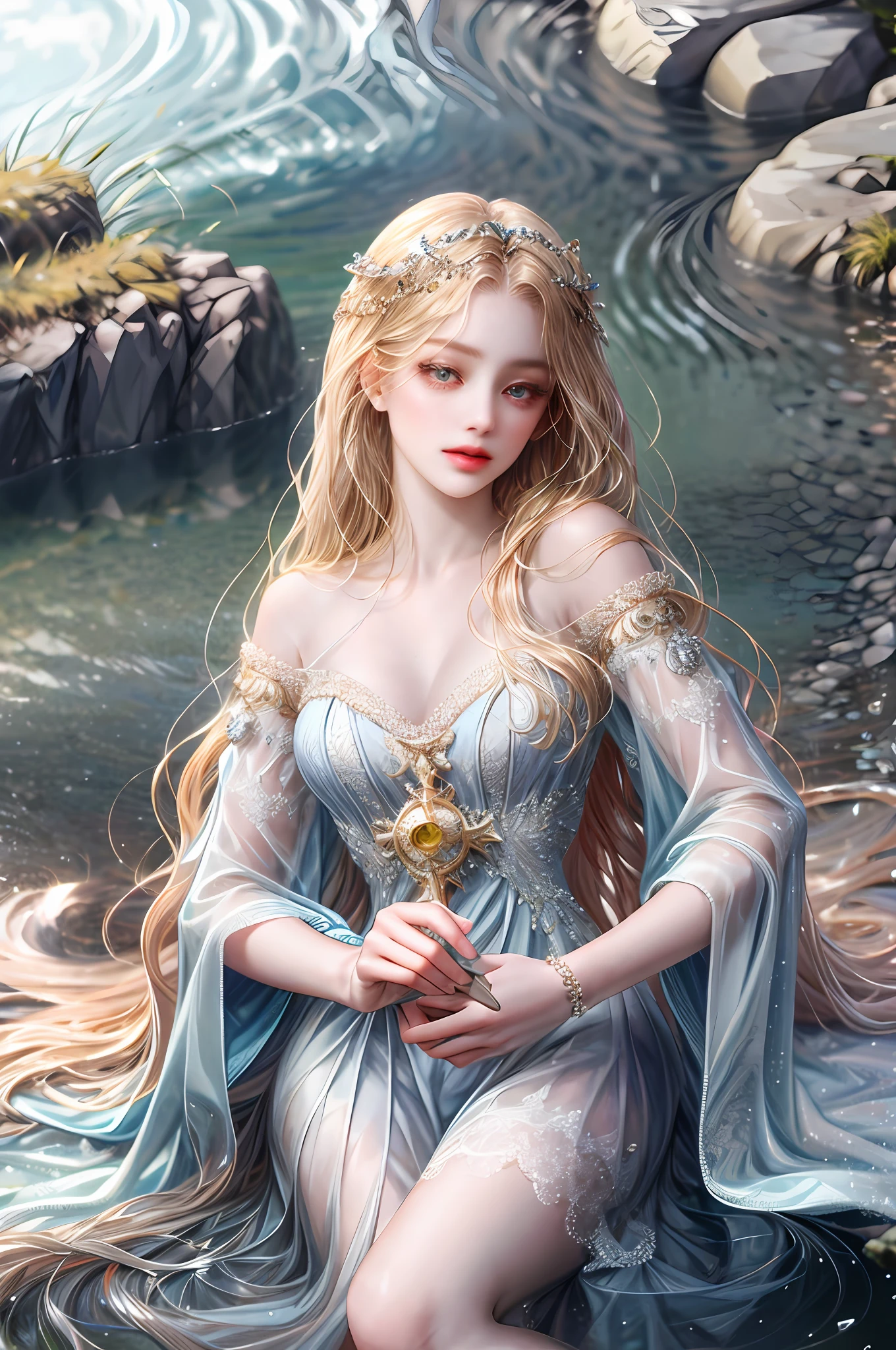 ( High quality , ultra detailed, careful with hand )Zodiac - Aquarius goddess , similar to latin goodness . Generous, trustworthy, independent, logical face . Detached, indifferent, rebellious style . Dark silver eyes (eyes detail) , light blonde hair , long straight hair, transparent dress , in the river with birds , whole body , make up look , throwing water to river . The goddess of river