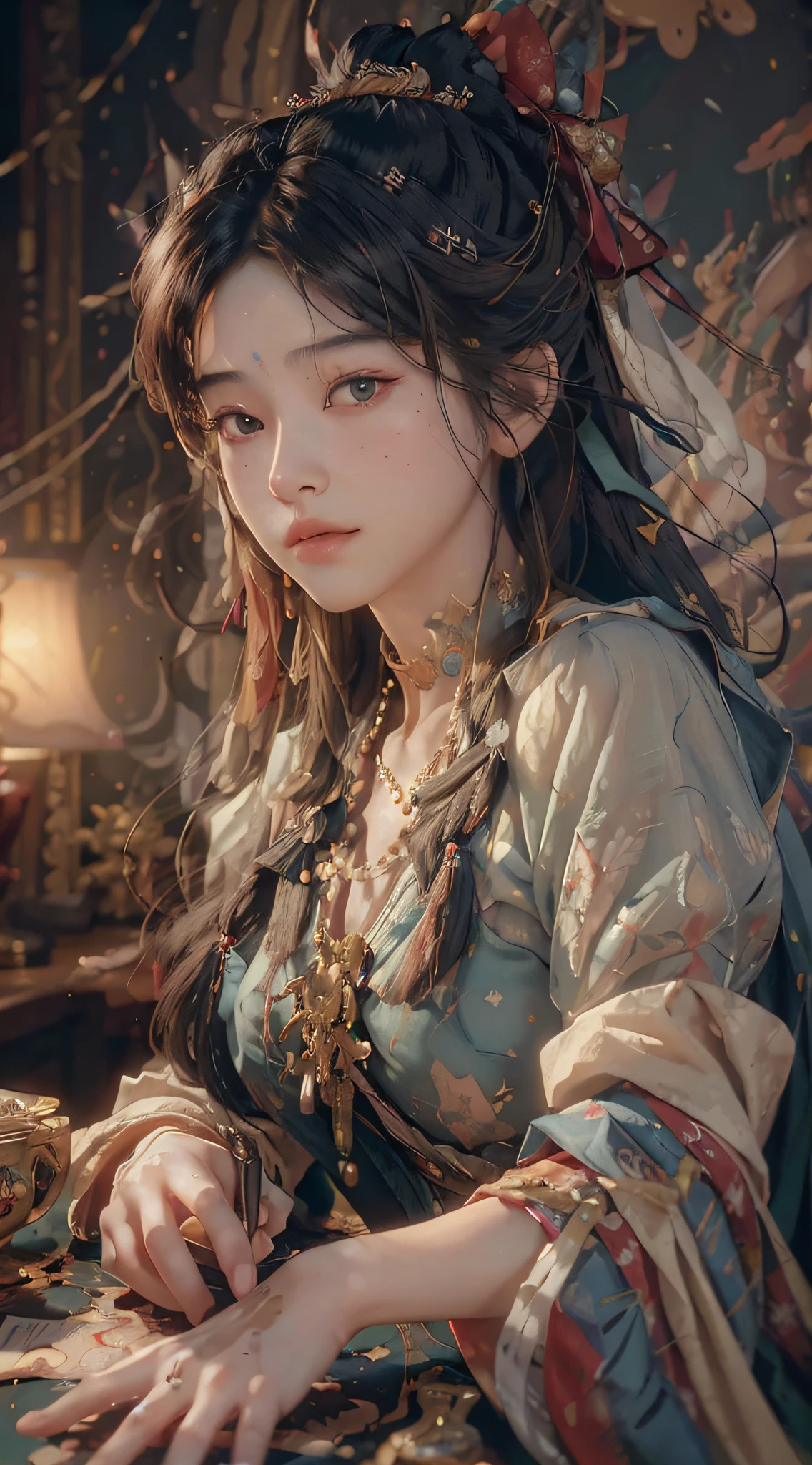 (RAW photo, best quality), (realistic, photo-realistic:1.3),best quality,highly detailed,masterpiece,ultra-detailed,illustration,1girl,upper_body,dynamic angle,world masterpiece theater,messy_long_hair,best quality,extremely detailed CG unity 8k wallpaper,ink,Amazing,cinematic lighting,lens_flare, dunhuang_style