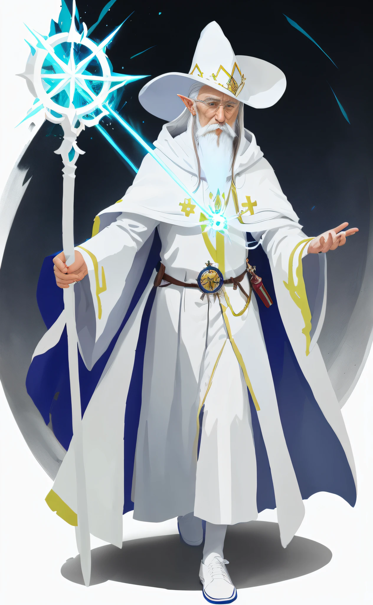 Cartoon image of a white-robed wizard with a white staff in his hand, old male archmage, white clothes, white hat, white shoes, style duelyst, bott style, clergy, half-elf time wizard, wizard T pose, dressed like a clergyman, inspired by the yellow god, mage, painted arcane style, male wizard, wind wizard!