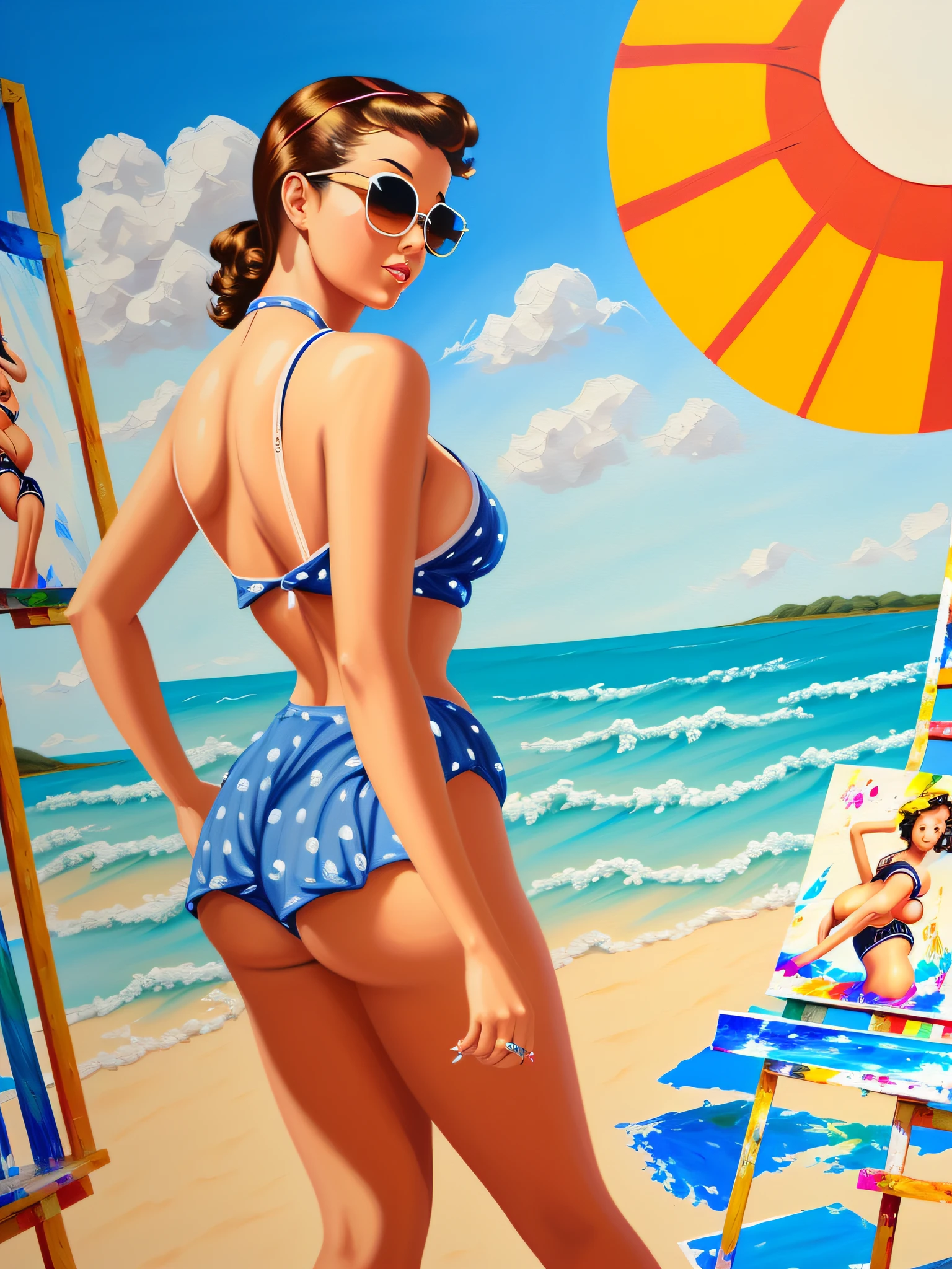 a girl stands in bikini, from behind, sun glasses, (pinup painting:1.4), cartoon, hdr, soft shadows, closeup