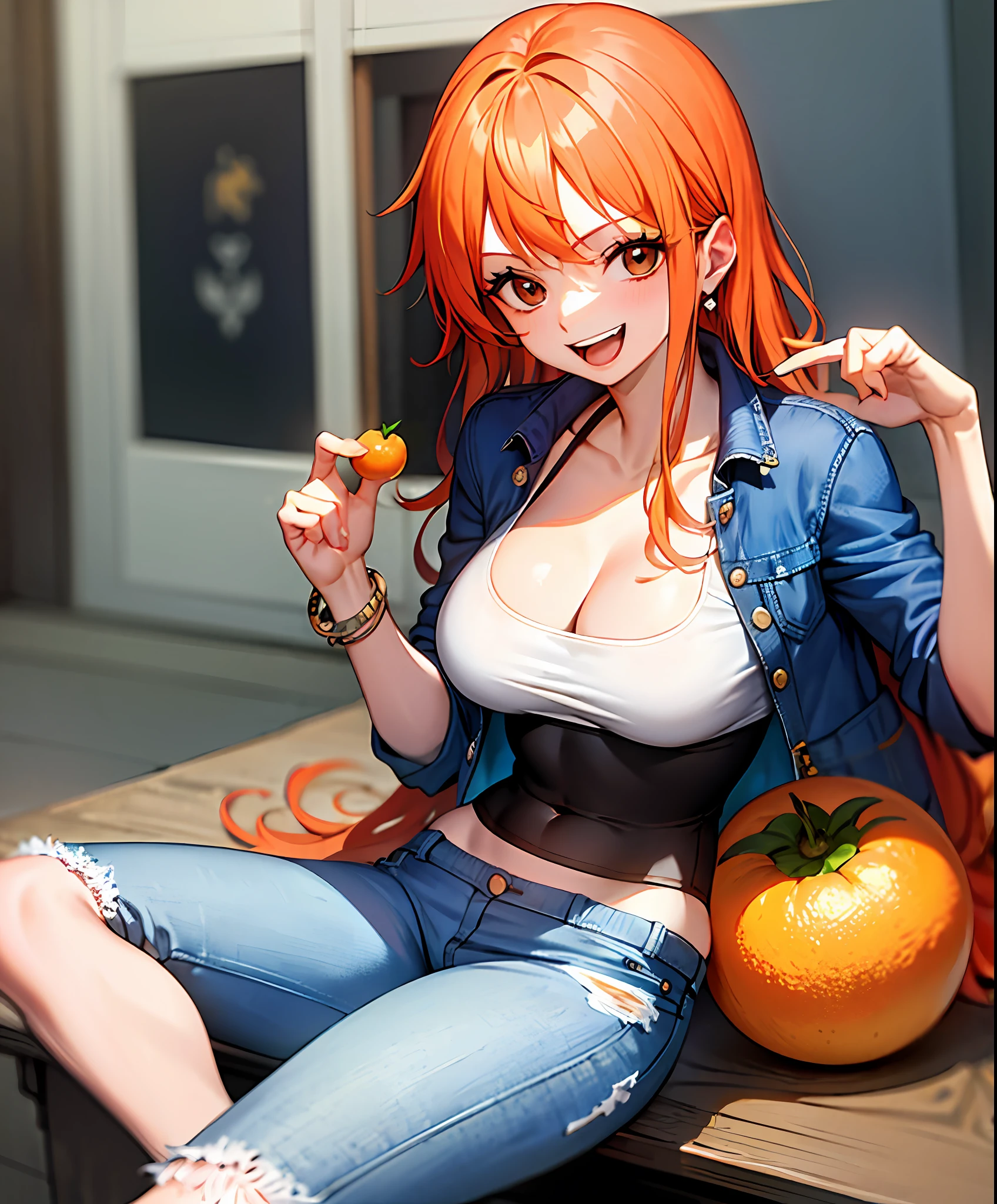 (bestquality,masterpiece) ,NamiOP, jewelry, smile, cleavage, earrings, bracelet, navel, short pants, jeans, :d, groin, holding, closed_eyes, sitting, blue_pants, blurry_background, solo_focus, blurry, food, fruit, orange_\(fruit\), holding_food, holding_fruit, mandarin_orange, ((jacket)), eyes open, ((open eyes)), look at viewer, face at viewer, orange hair,